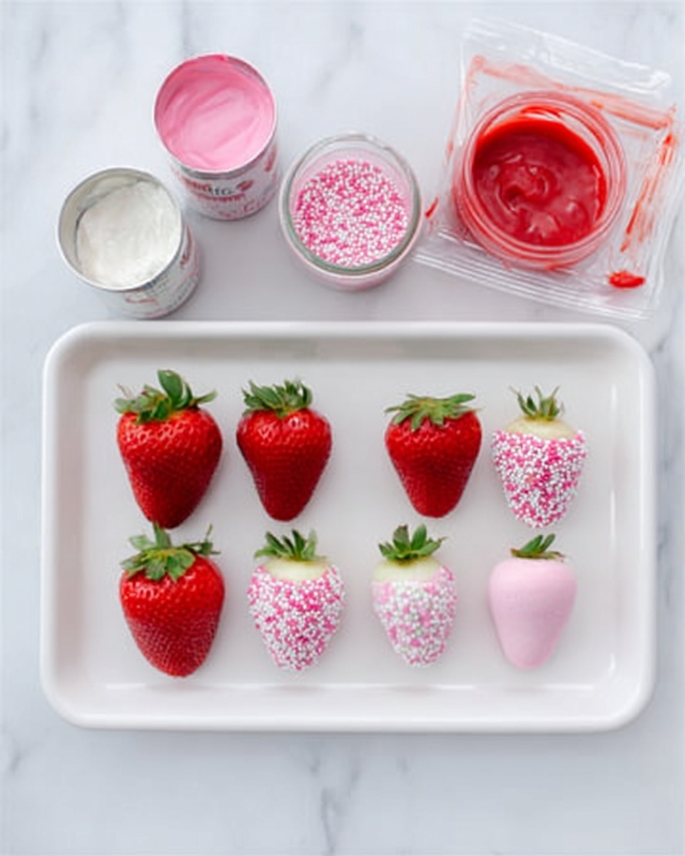The image shows six strawberries on a white tray placed on a white marbled surface. The top row has three plain red strawberries evenly spaced, while the bottom row has three strawberries partially dipped in pink and white sprinkles. To the top left of the tray, there are three small containers: one with pink icing, one with white icing, and a small jar of pink and white sprinkles. On the top right, there is a clear plastic ziplock bag filled with red icing. The colors are bright and contrasted, with the white tray and marble emphasizing the vivid red strawberries and pastel pink decorations. Photo taken with an iphone --ar 4:5 --v 7