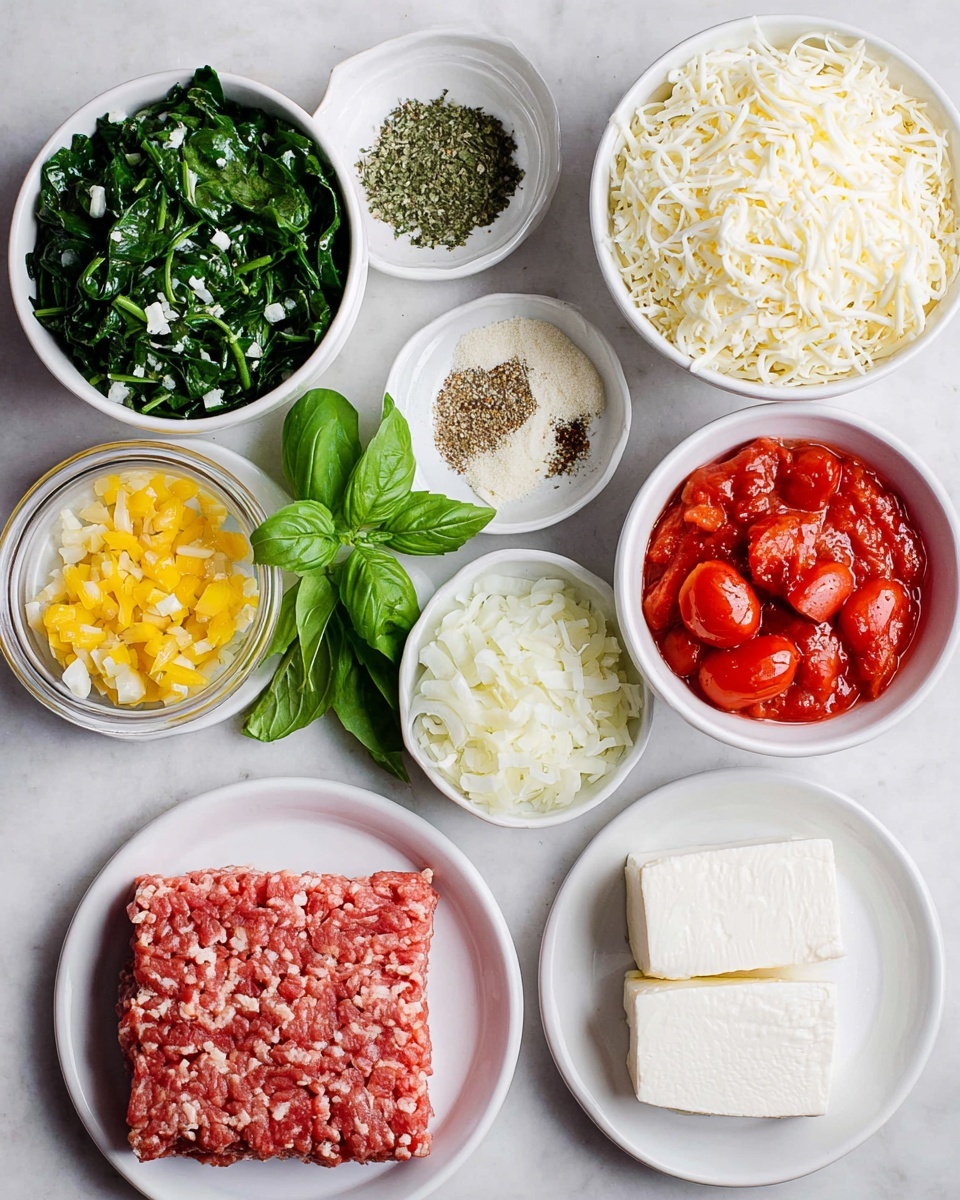 The image shows several white bowls and plates arranged on a white marbled surface. There are large white bowls filled with shredded mozzarella cheese and fresh chopped green spinach. A small white bowl holds dried herbs, while another has finely chopped white onions. There is a white bowl with finely minced garlic and one with yellow chopped peppers. A plate holds two white blocks of soft cheese. Another white plate has a square of raw ground meat with visible seasoning. One bowl contains bright red whole peeled tomatoes in juice. Fresh green basil leaves are placed in the middle, tying the ingredients together. Photo taken with an iphone --ar 4:5 --v 7