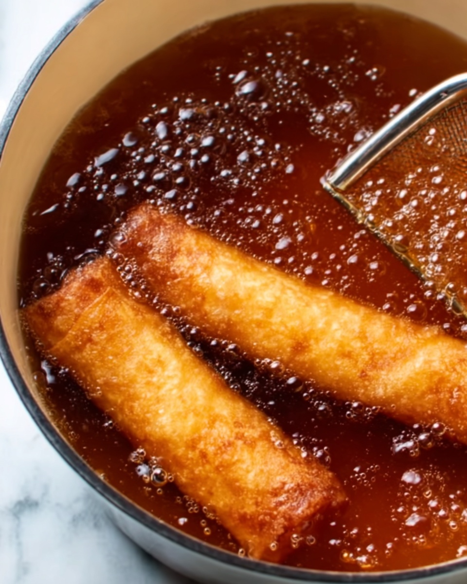 A close-up view of two golden brown fried spring rolls bubbling and frying in dark amber hot oil inside a white pot pot with a silver fry basket tip visible on the right side. The hot oil has many bright bubbles, creating a shiny surface over the entire pot. The image shows the texture of the spring rolls with crispy edges, and the background is a white marbled texture. Photo taken with an iphone --ar 4:5 --v 7