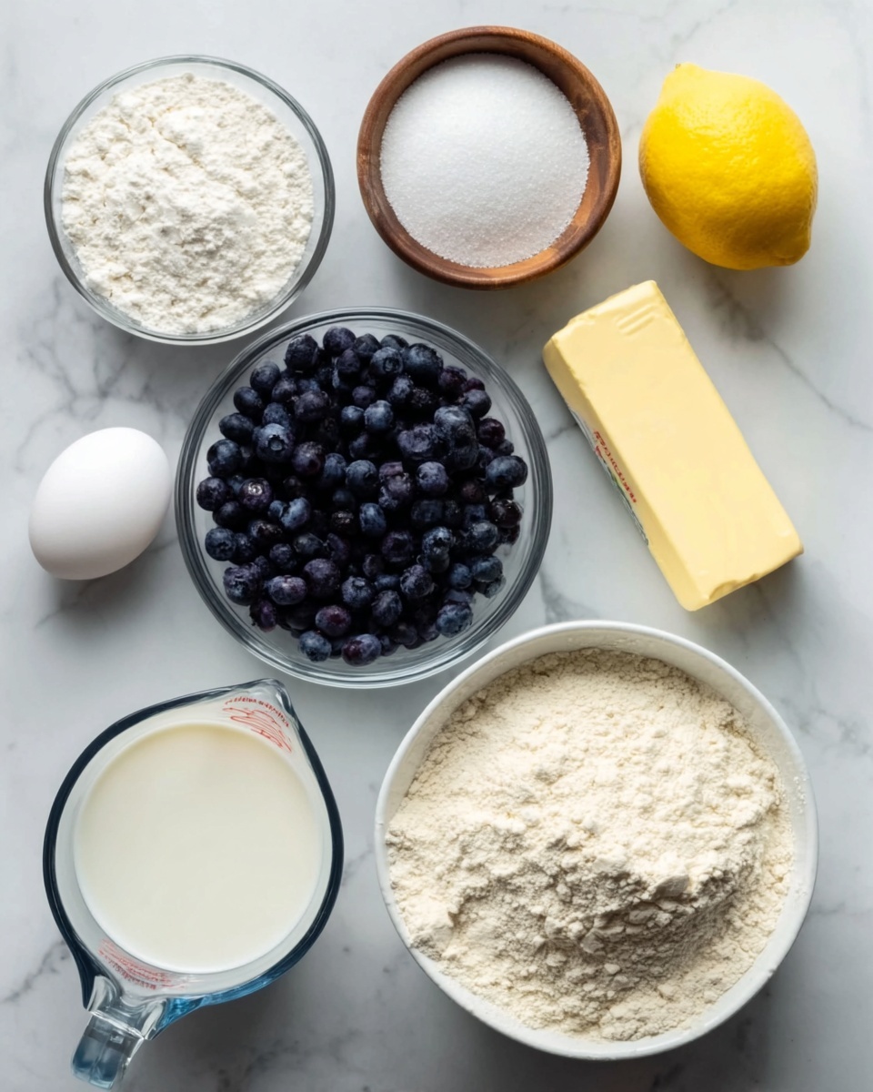 The image shows eight ingredients neatly arranged on a white marbled surface. There is a large white bowl full of light beige flour at the bottom right, a glass measuring cup with white milk on the bottom left, and a clear glass bowl filled with dark blue blueberries slightly above the flour. To the right of the blueberries is a stick of pale yellow butter, and above that to the right is a bright yellow lemon. At the top left, a white bowl holds white granulated sugar. Below it is a small wooden cup filled with fine white powder. An egg with a smooth white shell sits near the center. The setup is clean and organized, with each ingredient distinct. Photo taken with an iphone --ar 4:5 --v 7