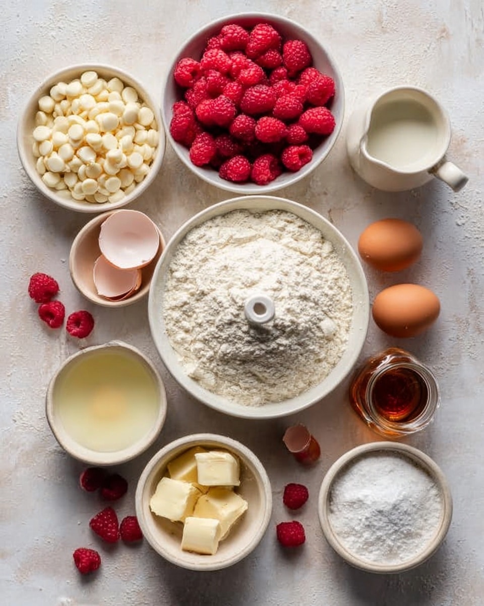 The image shows several small white bowls placed on a white marbled surface, each with a different baking ingredient. The largest bowl in the center holds white flour with a small white scoop on top. Above it, a white bowl is full of bright red raspberries, and beside it, another white bowl is filled with white chocolate chips. To the right, a small glass jug contains cream or milk, and next to it, two egg shells lay broken with a small white bowl holding two raw eggs. Below the flour bowl, a small glass bowl has lightly melted butter, with a white bowl of white sugar next to it. There is also a tiny white bowl with white powder, possibly baking powder or salt, and a small glass bottle filled with a brown liquid, probably vanilla extract. Some loose raspberries are scattered on the surface around the bowls. The photo taken with an iphone --ar 4:5 --v 7
