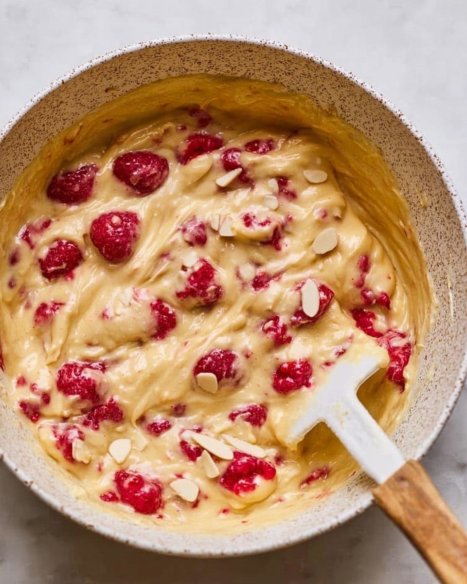 The image shows a thick, creamy batter mixed with bright red raspberries and small white almond slices inside a white speckled mixing bowl. The batter is pale yellow with a smooth, slightly swirled texture, and the raspberries are spread evenly with some partially covered by the batter. A white spatula with a wooden handle is partially dipped into the batter, resting near the bottom right of the bowl. The bowl is placed on a white marble surface with soft light highlighting the rich colors and textures of the mix photo taken with an iphone --ar 4:5 --v 7