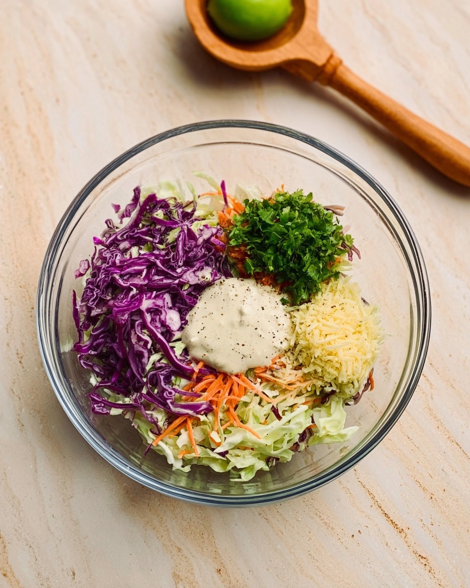 A clear glass bowl sits on a white marbled surface, filled with several colorful layers of ingredients. The bottom layer is a mix of shredded light green and purple cabbage with some thin orange carrot strips. On top of this mix, there is a small pile of finely chopped bright green cilantro on the right side, next to a dollop of creamy white sauce. In front of the sauce, there is a small amount of finely grated pale yellow ginger. On the left side, some coarse black pepper is visible over the cabbage. Above the bowl and to the left, there is a woman’s hand-held wooden citrus juicer with a half lime resting on it. Photo taken with an iphone --ar 4:5 --v 7