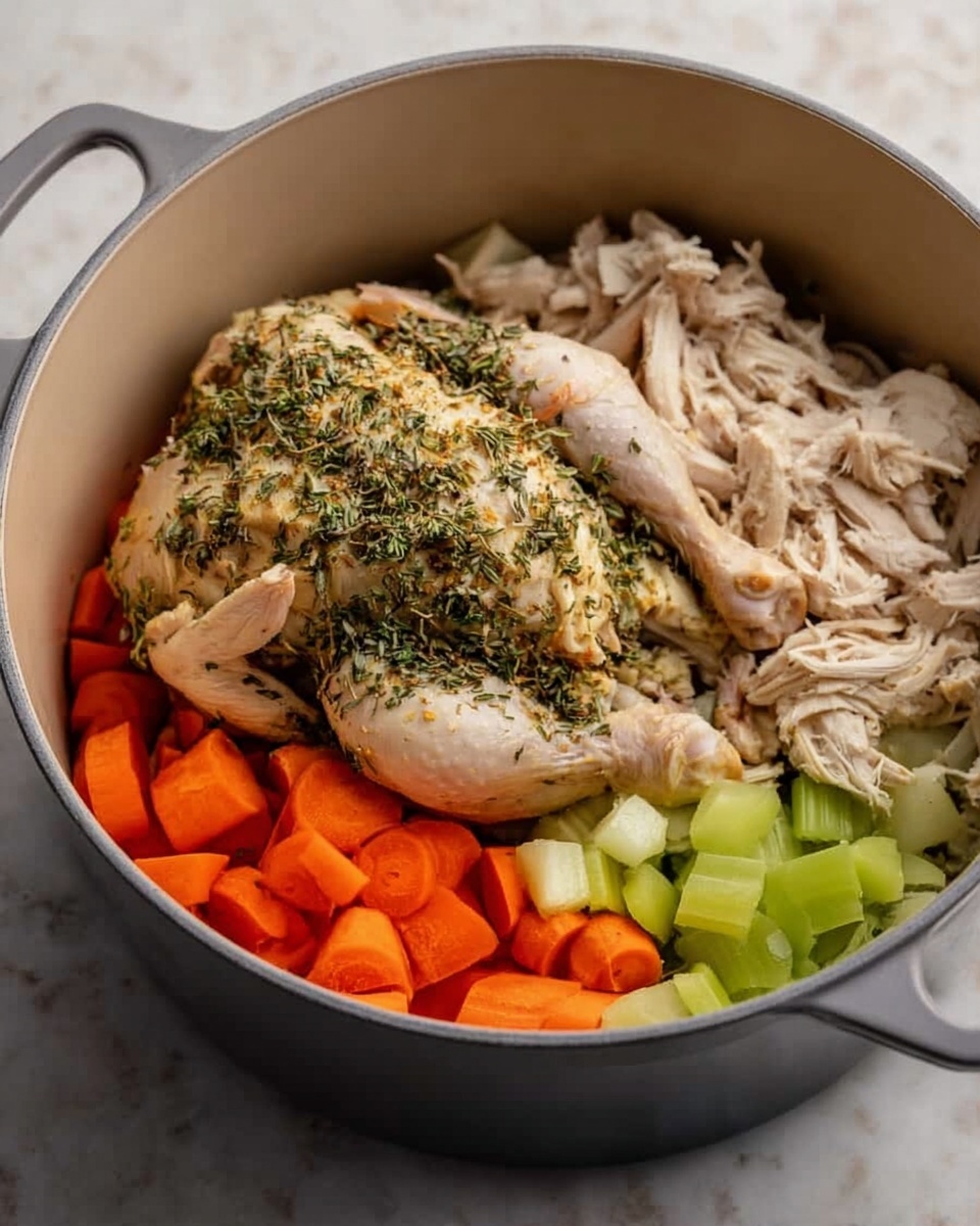 A large gray cooking pot filled with layers of fresh ingredients sits on a white marbled surface. At the bottom, there is a colorful mix of bright orange carrot slices and vibrant green celery pieces, creating a fresh vegetable base. On top of the vegetables, there is a whole cooked chicken with light brown and white skin, sprinkled heavily with green dried herbs, adding texture and depth. Next to the whole chicken, there are shredded pieces of white cooked chicken meat piled up, showing tender and soft textures. The pot handles are visible on each side, and the whole scene is well lit, showing the natural colors and textures clearly. photo taken with an iphone --ar 4:5 --v 7