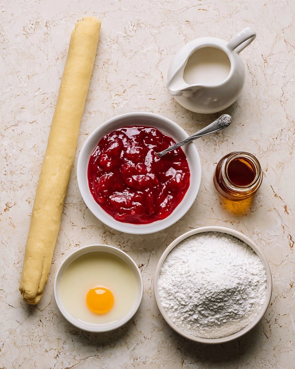 A top view shows five baking ingredients on a white marbled surface: a rolled light yellow dough log placed diagonally on the left, a small white bowl with a raw egg yolk at the bottom left, a white bowl filled with bright red chunky strawberry jam with a small spoon resting inside in the center, a small white pitcher with cream at the top right, a small glass bottle with caramel-colored liquid next to the pitcher, and a white bowl filled with white powdered sugar at the bottom right. The textures include smooth dough, shiny jam, creamy liquid, and powdery sugar. photo taken with an iphone --ar 4:5 --v 7