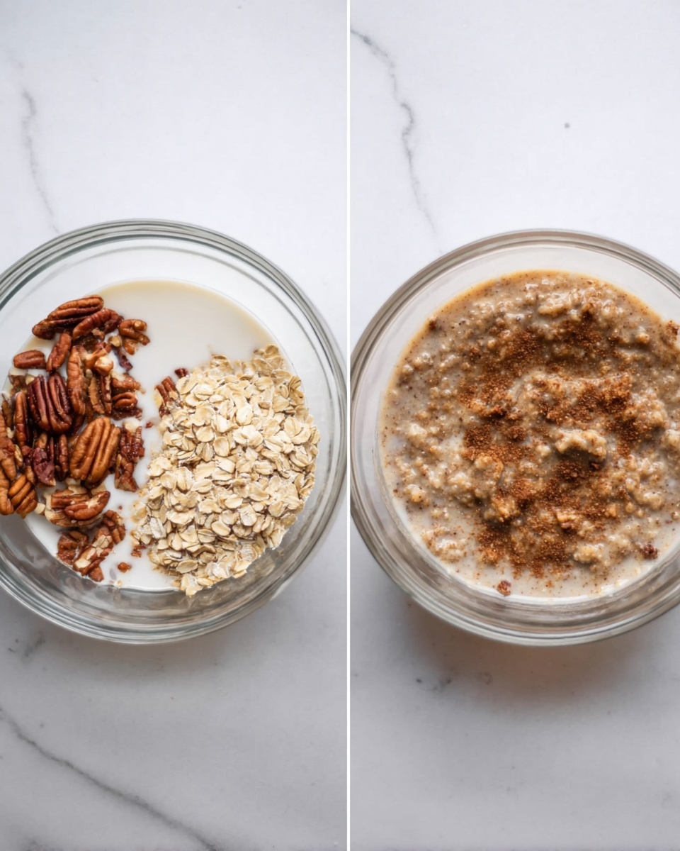 The image shows two clear glass bowls on a white marbled surface. The left bowl contains separate layers of rolled oats, milk, chopped nuts, and a sprinkle of ground cinnamon arranged in sections. In the right bowl, the contents are mixed together into a creamy, light brown mixture with visible oats and nut pieces throughout. photo taken with an iphone --ar 4:5 --v 7