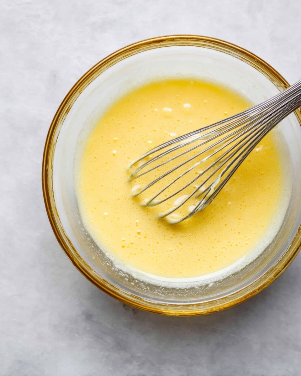 A clear glass bowl sits on a white marbled surface, filled with a smooth, thick yellow mixture that has a few small bubbles on its surface. A silver metal whisk is resting inside the bowl, partially covered with the yellow mixture, with its wires clearly visible. The bowl has a thin gold rim around the top edge, adding a touch of elegance. The scene is simple and clean with a bright, natural light highlighting the glossy texture of the mixture and the metal whisk. photo taken with an iphone --ar 4:5 --v 7