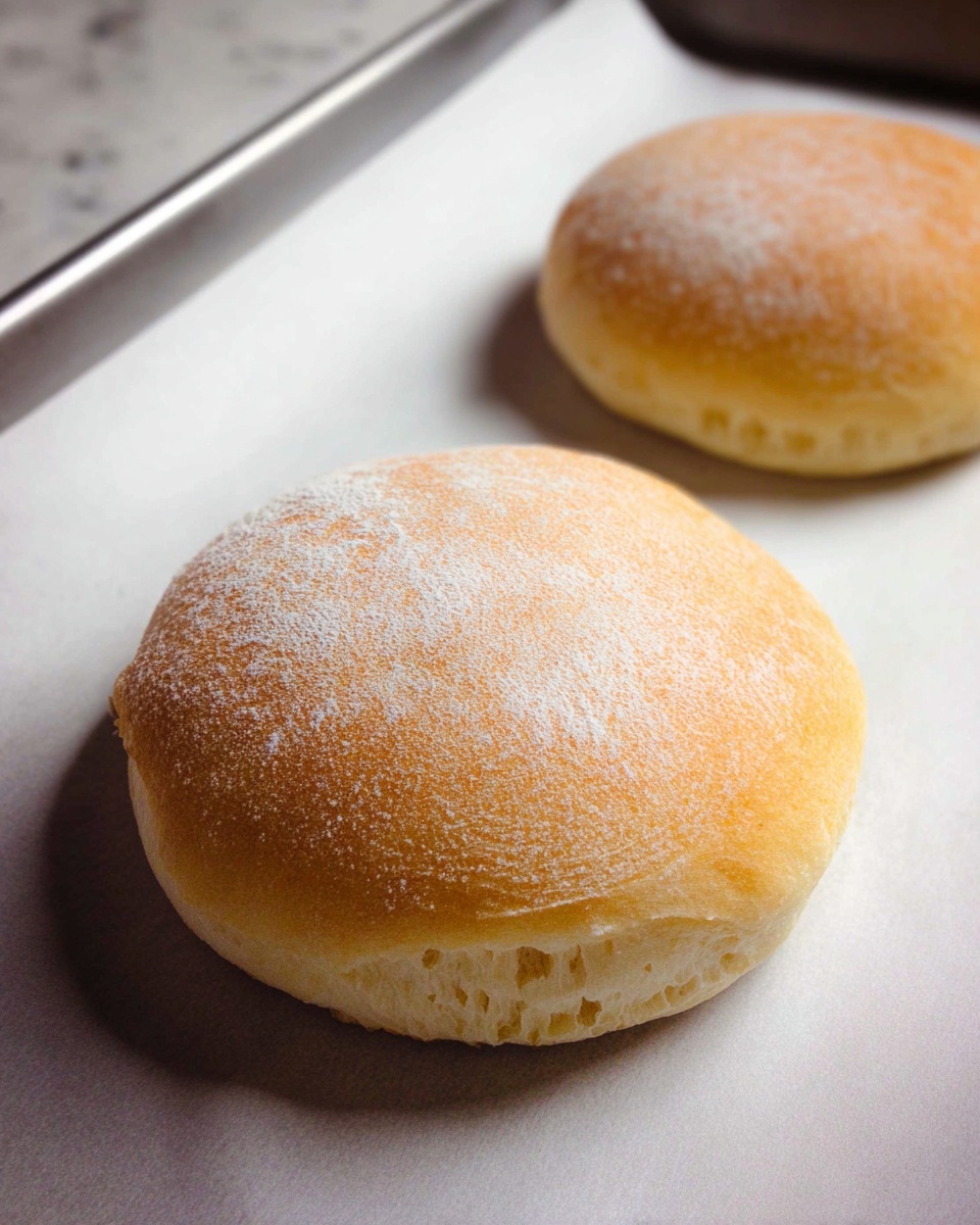 Two round bread rolls rest on a sheet of white parchment paper on a metal baking tray. Each roll has a light golden-brown top dusted lightly with flour, showing a soft, slightly textured surface. The bread sides are a warm beige with small holes, indicating airiness inside. The background is a white marbled texture. photo taken with an iphone --ar 4:5 --v 7