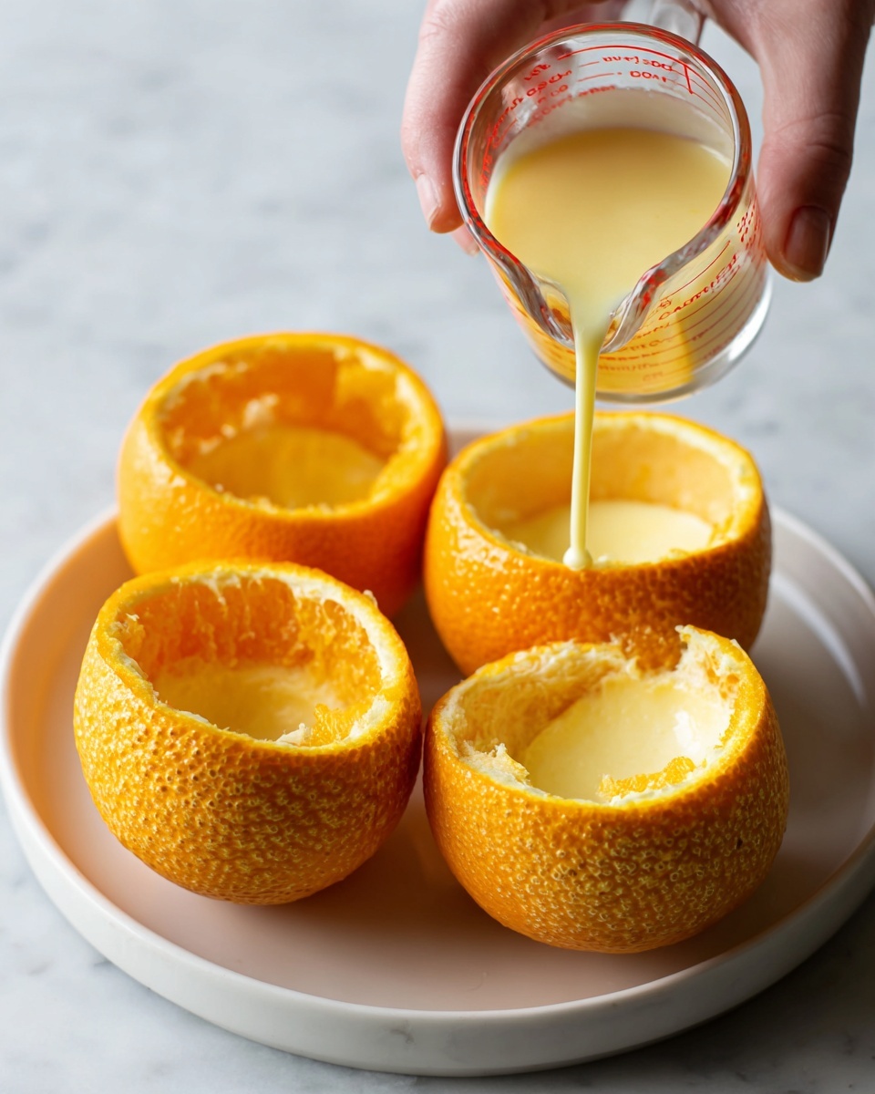 The image shows four hollowed orange halves arranged on a white plate sitting on a white marbled surface. Two of the orange halves are empty, showing the textured orange peel inside in a slightly glossy yellow-orange color. One orange half is being filled with a pale yellow creamy liquid being poured from a clear glass measuring cup with red markings, held by a woman's hand. The other orange half on the plate is already filled with the same smooth creamy mixture, filling it nearly to the top. The scene is brightly lit, emphasizing the fresh, juicy look of the oranges and the creamy texture of the filling. Photo taken with an iphone --ar 4:5 --v 7
