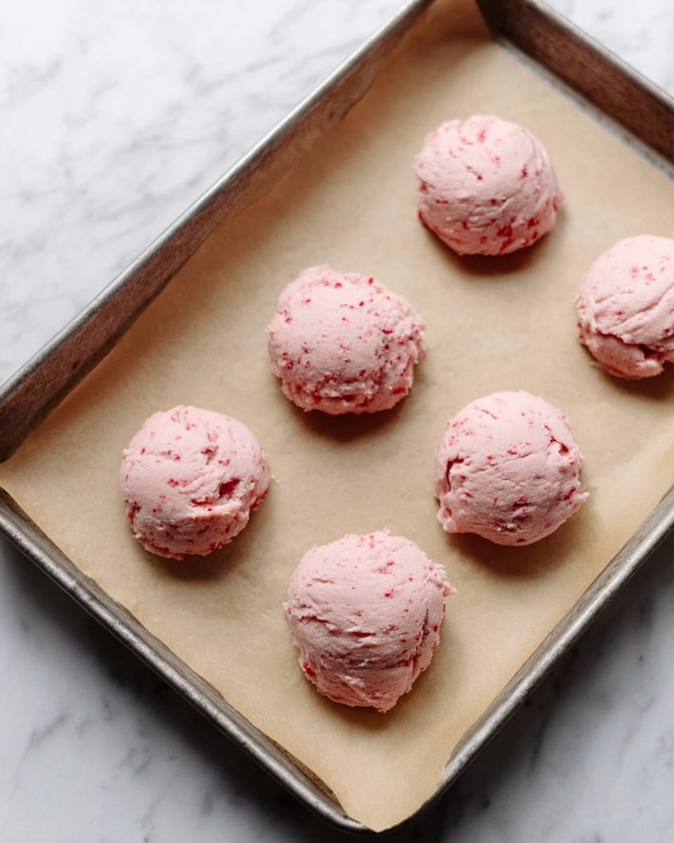 The image shows a metal baking tray lined with light brown parchment paper holding six scoops of pink dough evenly spaced. Each scoop is round and slightly textured with small bits of red inside, placed directly on the parchment paper. The scene is set on a white marbled surface. photo taken with an iphone --ar 4:5 --v 7