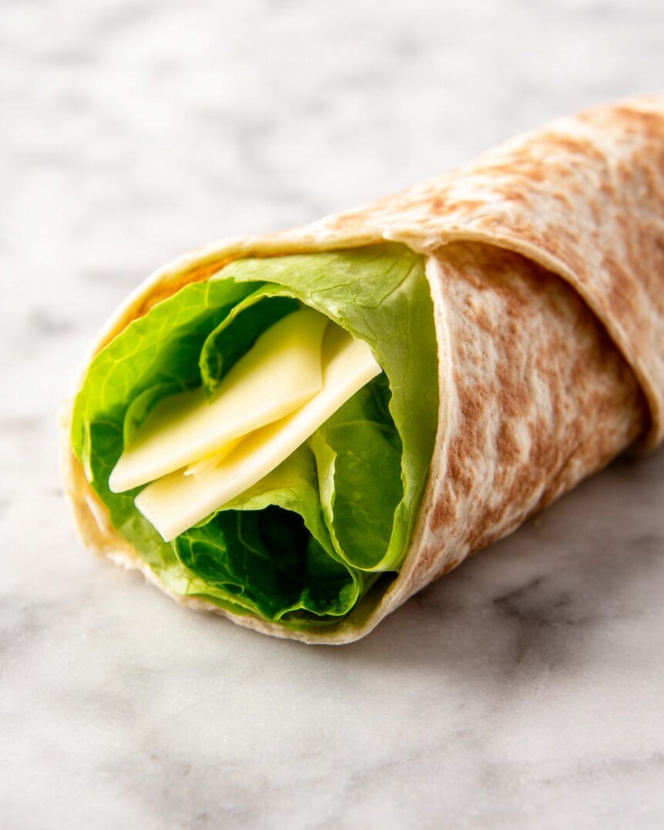 A wrap shows one visible layer of light brown flatbread rolled around two inner layers: a bright green fresh lettuce leaf in the center and a thin, pale yellow slice of cheese folded over the lettuce, all resting on a white marbled surface photo taken with an iphone --ar 4:5 --v 7