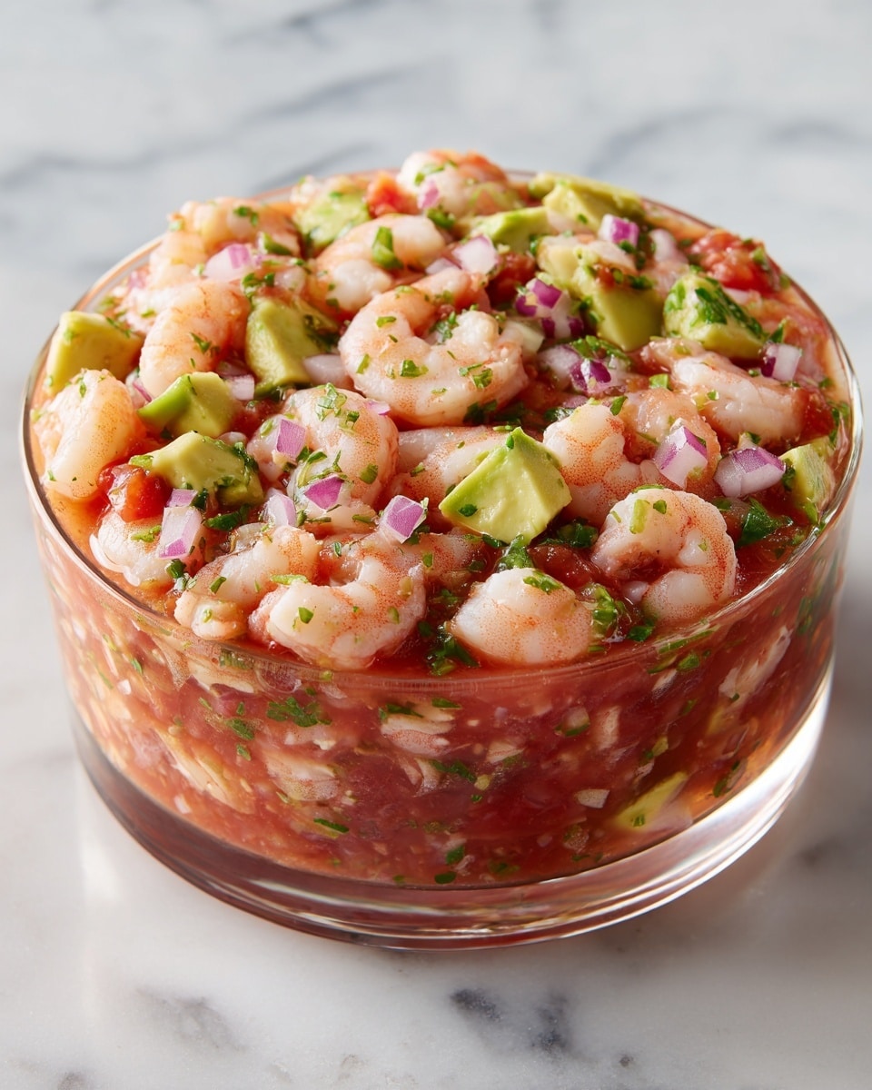 A clear round bowl filled with a shrimp ceviche mixture is placed on a white marbled surface. The dish has three visible layers: the bottom is a red tomato-based sauce, the middle layer has light pink cooked shrimp evenly spread, and the top layer is a mix of green avocado chunks, red tomato pieces, small white onion bits, and green herbs scattered across. The shrimp and vegetables show a fresh, moist texture with shiny highlights. photo taken with an iphone --ar 4:5 --v 7