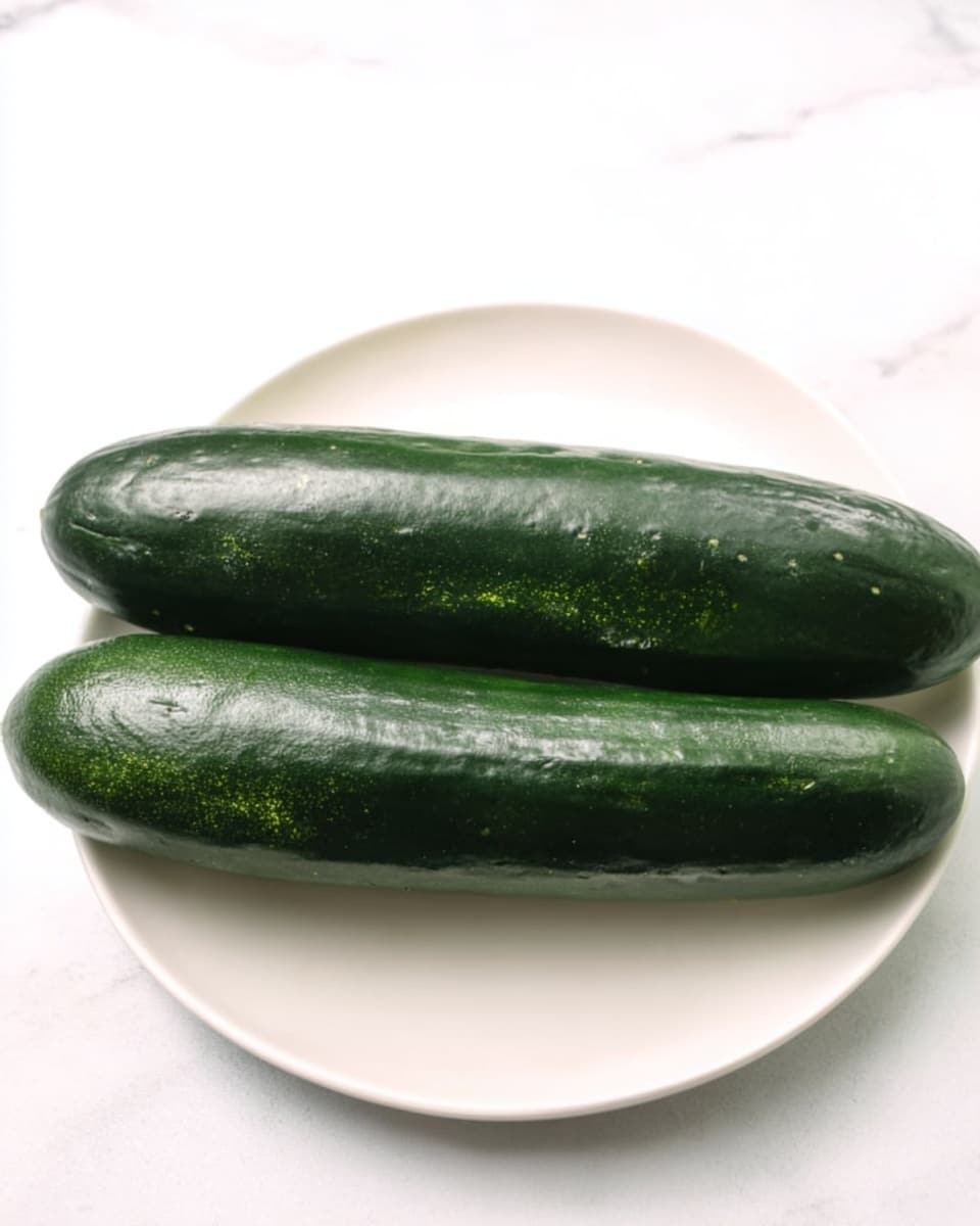 Two long, dark green cucumbers with a smooth, shiny surface lie side by side on a plain white plate. Each cucumber has slight uneven textures and small patches of lighter green. The plate is set on a white marbled surface. photo taken with an iphone --ar 4:5 --v 7