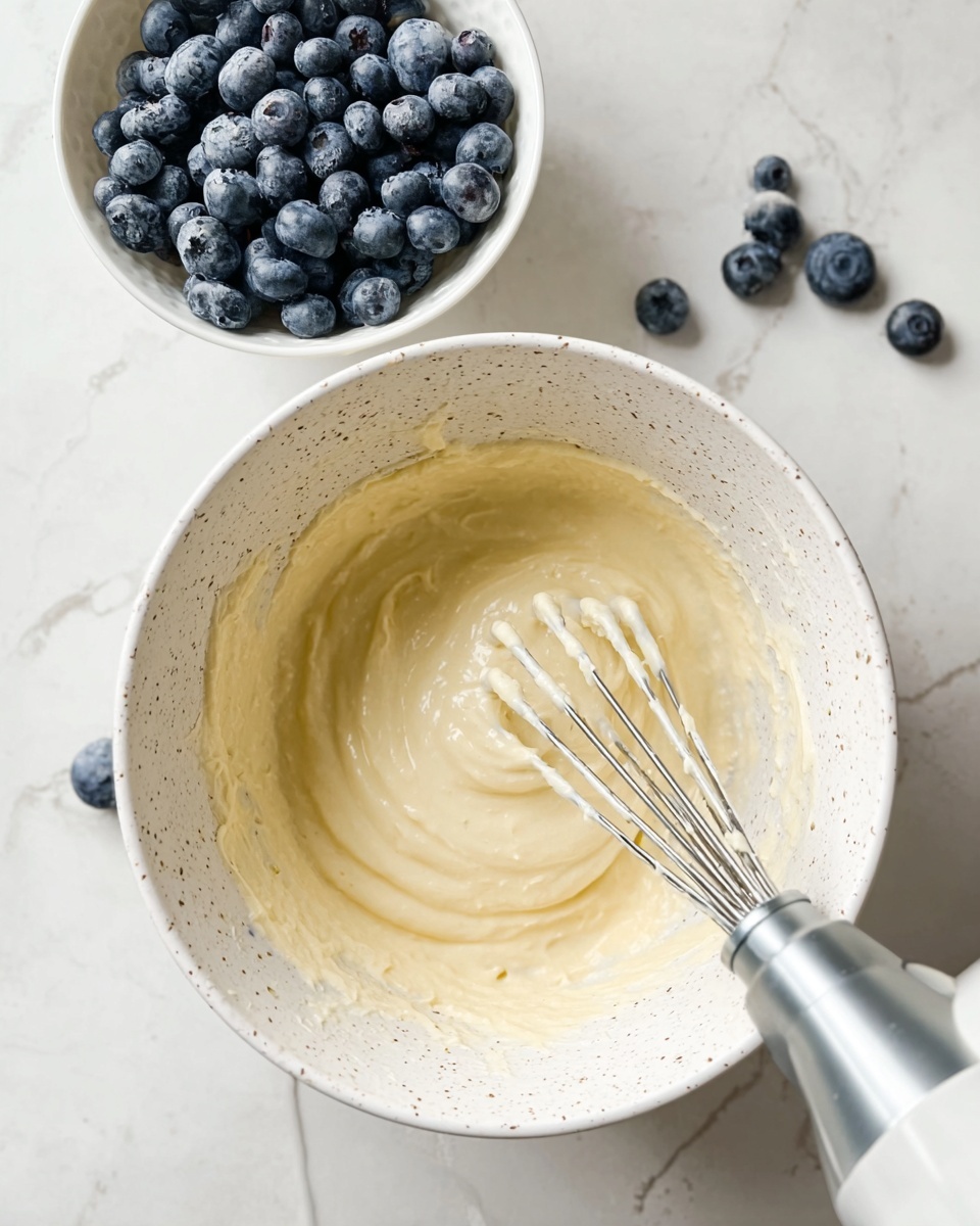 The image shows a white speckled mixing bowl on a white marbled surface with a light cream-colored batter inside that looks smooth and thick. At the bottom center, an electric hand mixer with metal beaters is partially submerged in the batter. To the top left of the bowl, there is a white bowl filled with fresh blueberries, and a few loose blueberries are scattered around on the surface. The lighting is soft and natural, highlighting the texture of the batter and the fresh fruit. Photo taken with an iphone --ar 4:5 --v 7