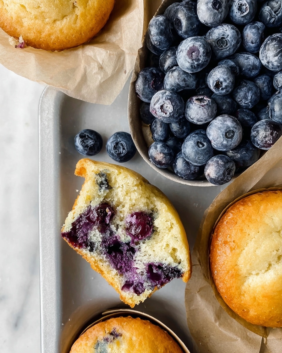 The image shows a close-up of a white metal muffin tray on a white marbled surface. One muffin slot holds a cluster of fresh blueberries that are dark blue with a slightly frosted texture. Another muffin slot contains a single blueberry muffin, showing one piece broken in half, revealing a soft, light yellow cake interior mixed with plump, dark purple blueberries inside. The muffin has a light golden brown top with a subtle shine. Around the tray, there are two whole muffins with golden brown tops wrapped in light brown parchment paper. The photo taken with an iphone --ar 4:5 --v 7