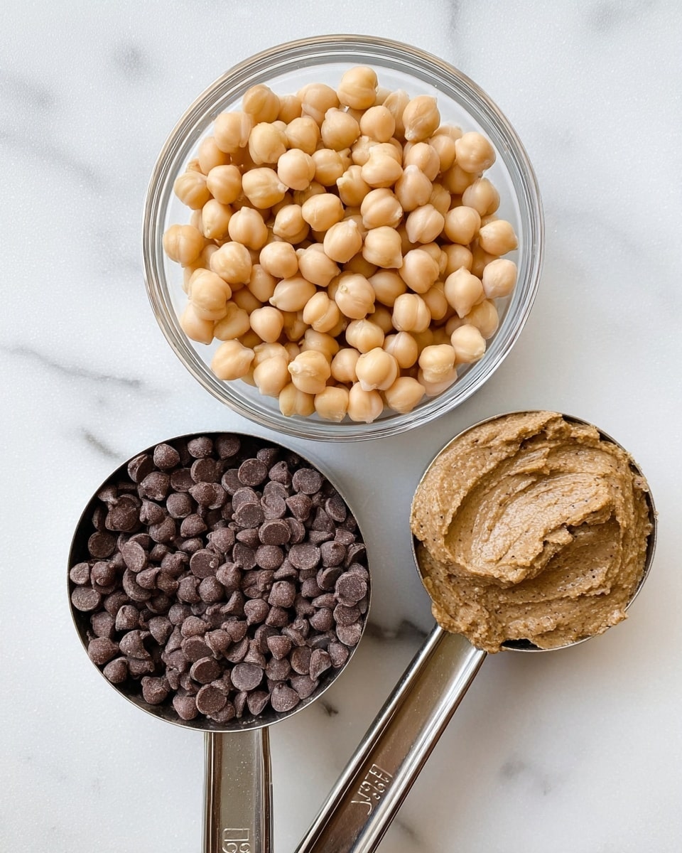 The image shows three clear containers on a white marbled surface. At the center top, there is a transparent glass bowl filled with light beige chickpeas, round and smooth in texture. Below it to the left, a metal measuring cup holds many dark brown chocolate chips, each small and shiny. To the right of the chocolate chips, another metal measuring cup contains a thick, creamy brown almond butter with a slightly speckled texture. The measuring cups and bowl are arranged close together with the handles pointing toward the bottom right photo taken with an iphone --ar 4:5 --v 7