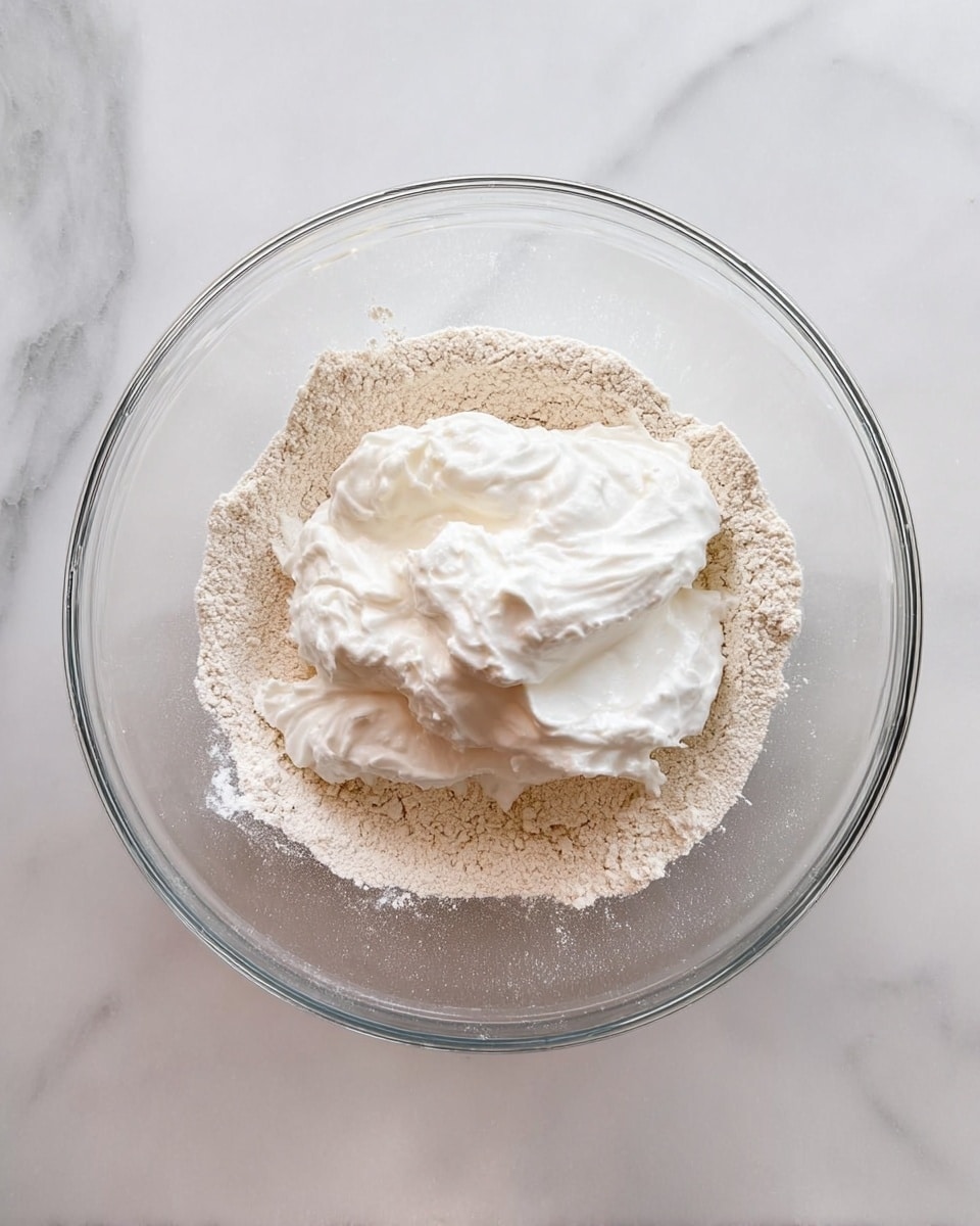 A clear glass bowl sits on a white marbled surface, filled mostly with light brown flour. In the center of the flour, there is a mound of white, fluffy whipped cream or foam-like substance. The layers show the flour evenly spread across the bowl with the white fluffy layer resting on top in the middle, with soft peaks and smooth texture. The bowl catches some light, adding gentle reflections on the clear glass edges. photo taken with an iphone --ar 4:5 --v 7