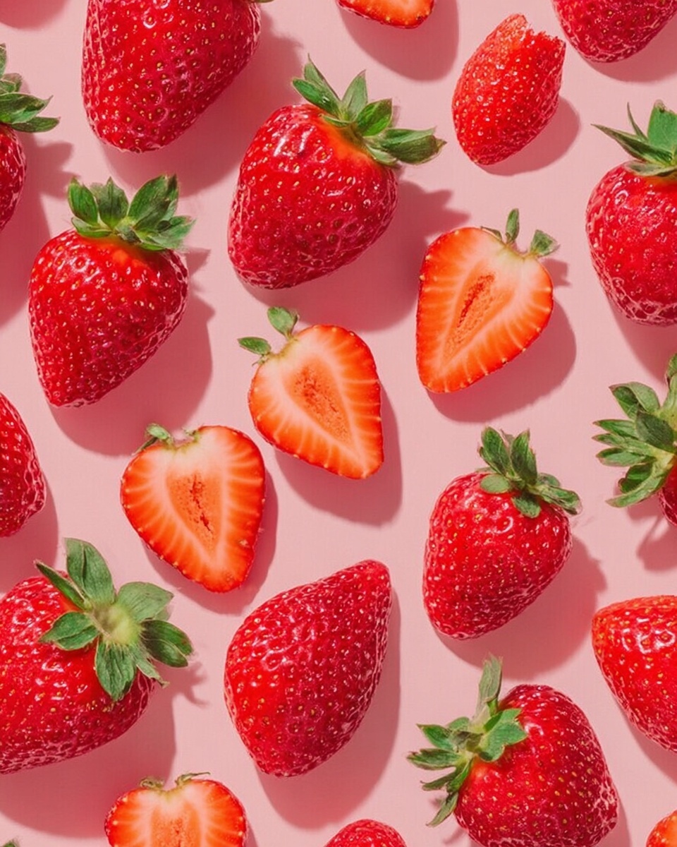 Many whole strawberries with their green leaves are arranged on a soft pink background. Among the whole strawberries, two are sliced in half showing the light red inside and seeds in a neat pattern. The strawberries are bright red, plump, and fresh with a smooth texture. The whole strawberries are placed in a scattered but orderly way, making a pretty and colorful pattern. Photo taken with an iphone --ar 4:5 --v 7