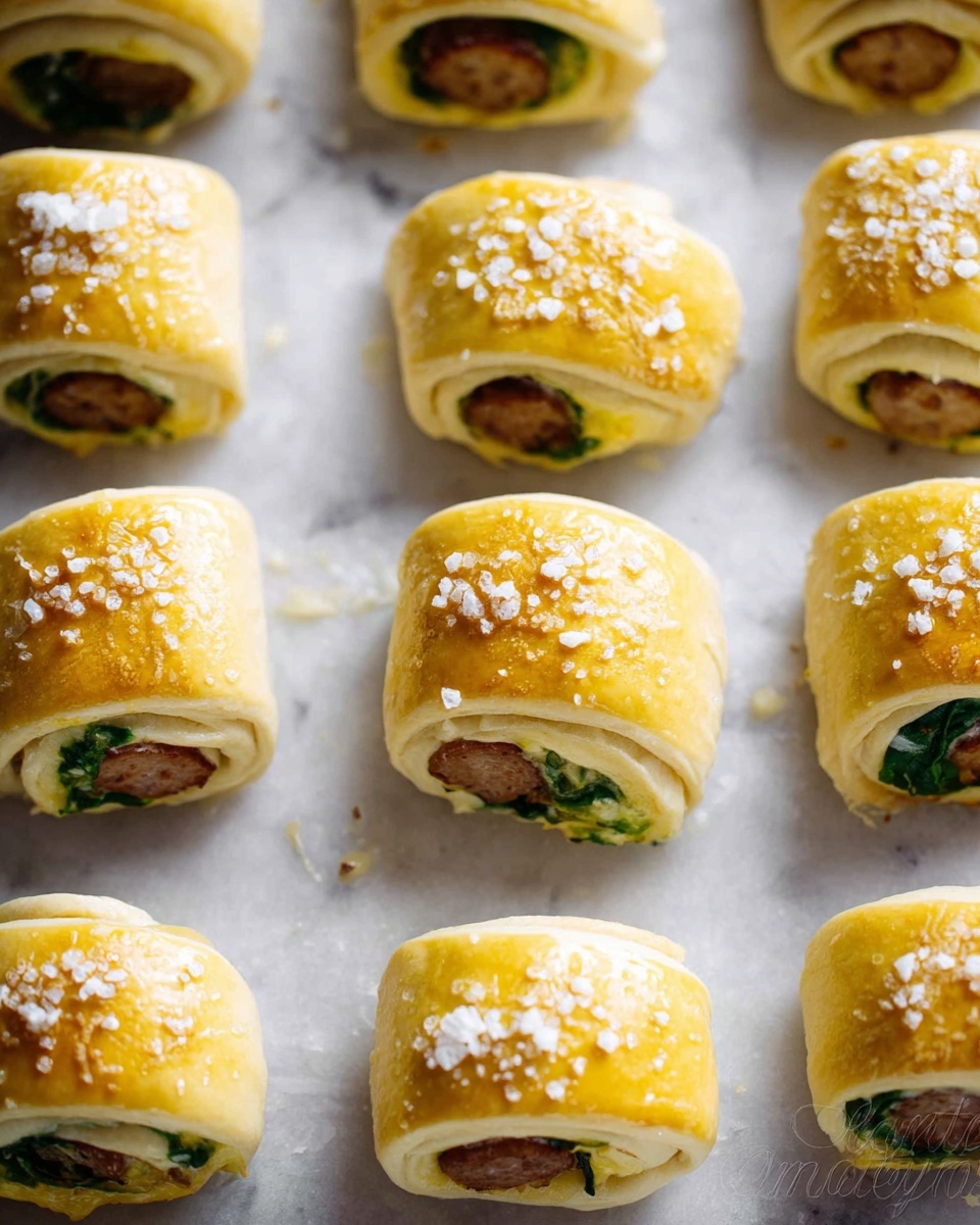 Small rolled dough pieces each with a golden yellow top layer sprinkled with coarse white salt. Inside each roll, there is a visible sausage, a layer of green spinach, and a layer of light yellow cheese, all wrapped tightly inside a soft, pale dough. These rolls are spread evenly across a white marbled textured surface, showing a neat grid arrangement. The dough looks smooth and slightly shiny, as if brushed with egg wash before baking. Photo taken with an iphone --ar 4:5 --v 7