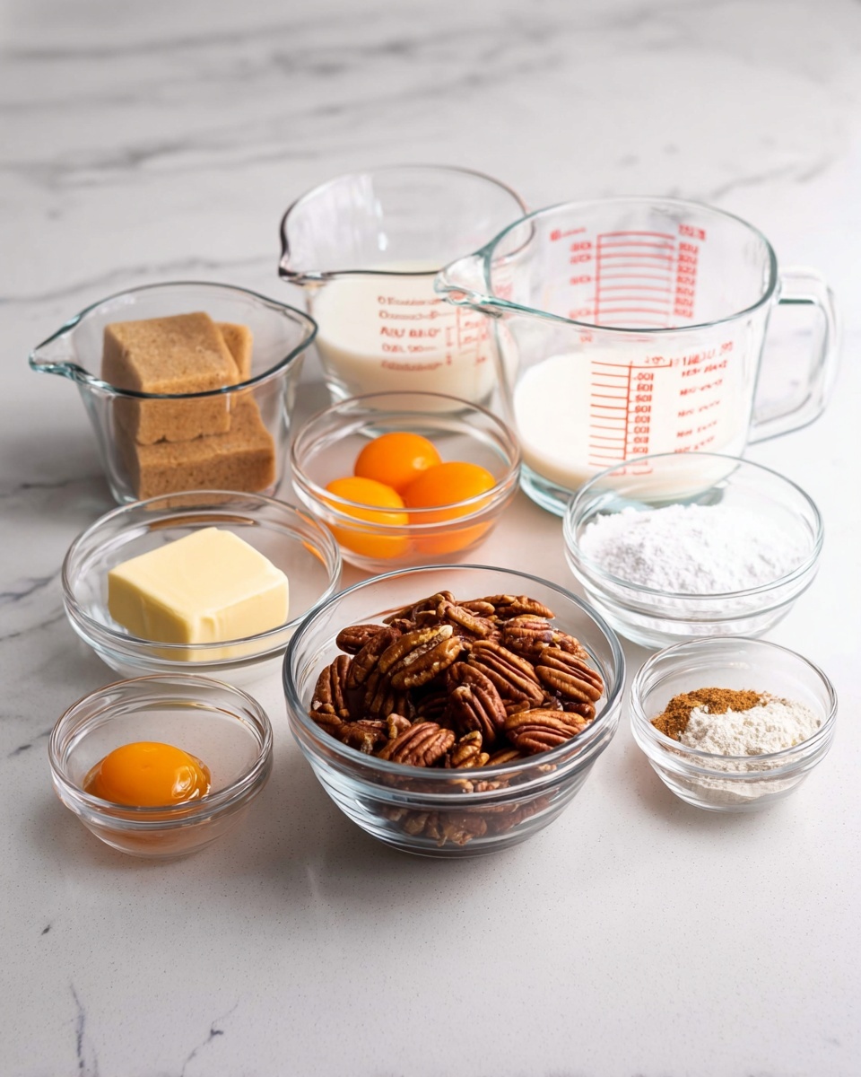 The image shows several glass bowls and measuring cups of different sizes arranged neatly on a white marbled surface. At the front center, there is a round glass bowl filled with brown pecans, and next to it on the left is a small square of yellow butter. Behind the pecans, there is a small clear bowl with a light brown block, likely brown sugar. To the left of the brown sugar, a small round bowl holds three bright orange egg yolks. Behind these bowls, two larger glass measuring cups contain white and off-white liquids, with red measurement markings on their sides. To the right, there are three more small glass bowls filled with white sugar, a white powder (likely flour), and light brown spices. The background is also white marbled, giving a clean and bright look. photo taken with an iphone --ar 4:5 --v 7