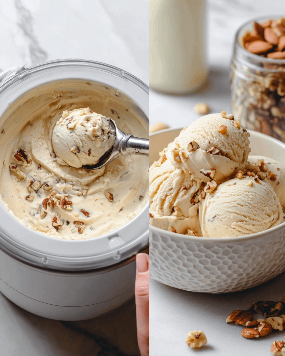 The image shows two parts: on the left, a white ice cream maker filled with creamy, light beige ice cream with small brown nut pieces mixed in, and a silver spoon stuck inside the ice cream with a woman's hand about to scoop some out. On the right, a white bowl with a honeycomb pattern holds three large scoops of the same nutty ice cream, topped with small brown nut pieces. The bowl sits on a white marbled surface with a glass jar filled with nuts and a bottle of milk blurred in the background. Photo taken with an iphone --ar 4:5 --v 7