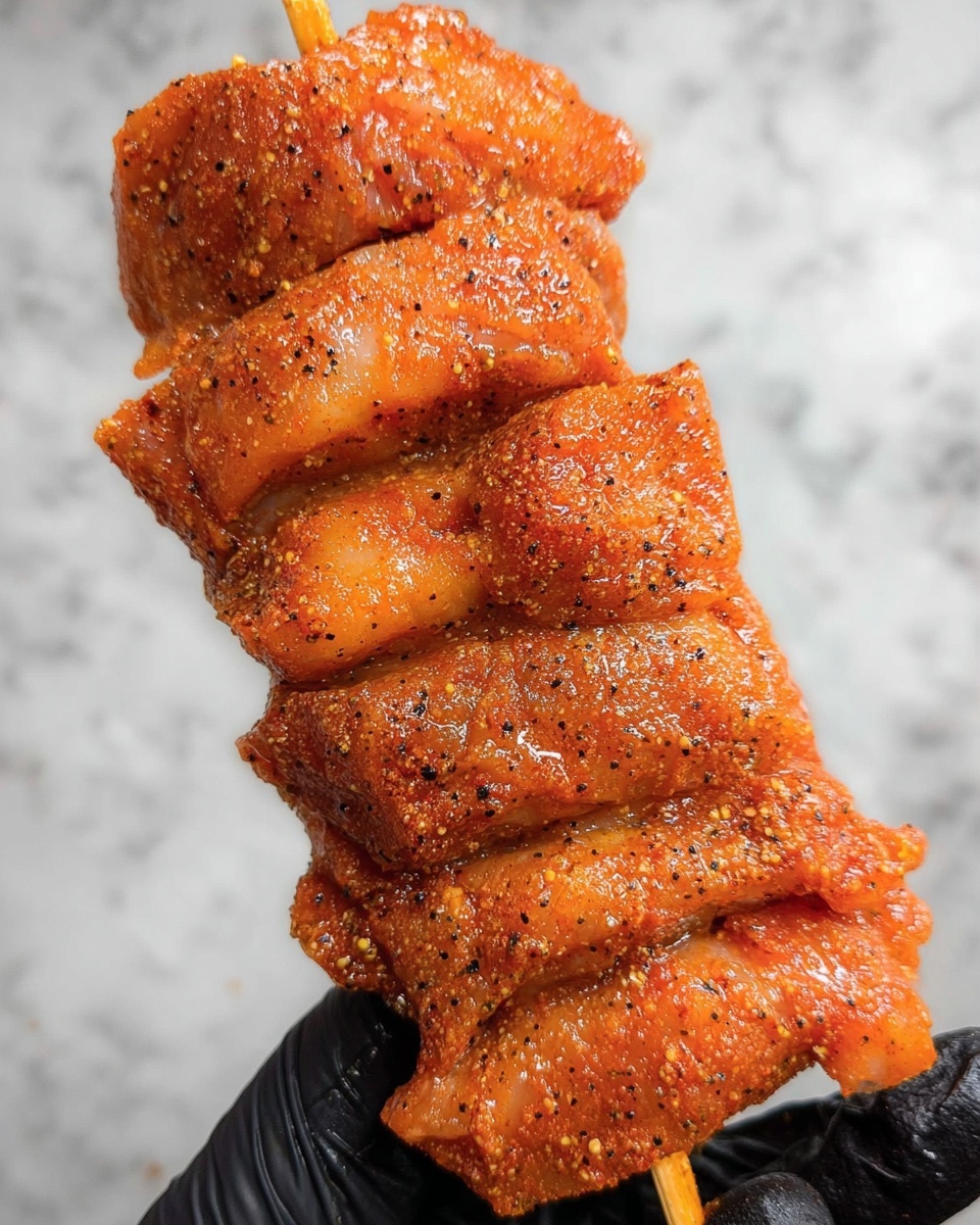The image shows a close-up of five pieces of seasoned, uncooked meat threaded closely together on a wooden skewer. The meat is coated in a reddish-orange spice mix with visible black pepper flakes, giving it a rough, textured appearance. The pieces are slightly shiny, showing moisture, and have a folded, layered look with some fat visible along the edges. The skewer is held by a woman's hand wearing a black glove. The background is a white marbled surface. photo taken with an iphone --ar 4:5 --v 7