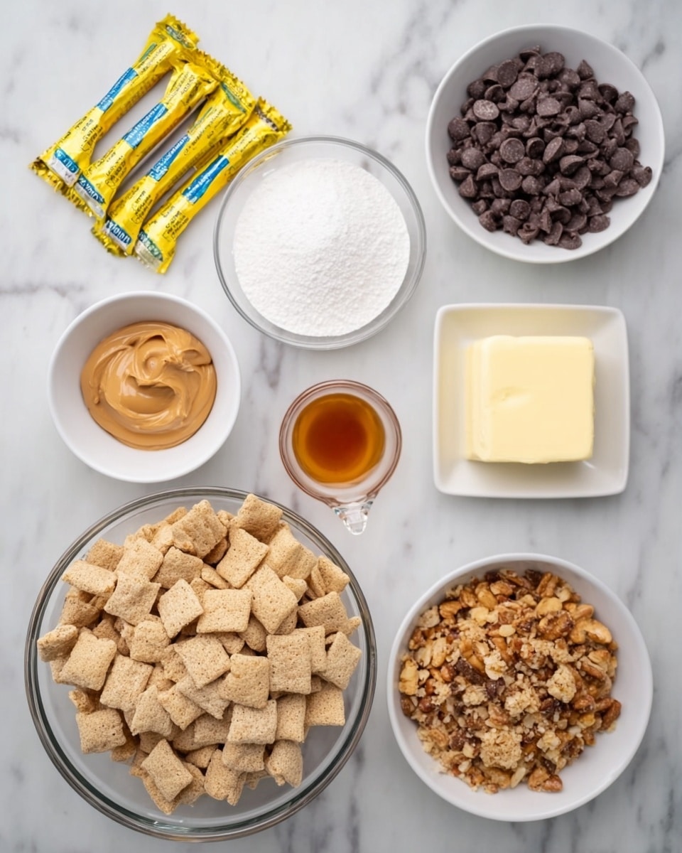 The image shows a white marbled surface with several white bowls and packages arranged neatly. In the bottom center, there is a large clear glass bowl filled with light brown cereal squares. Above it to the right, a small white bowl holds dark brown chocolate chips. To the left, three yellow wrapped sticks labeled