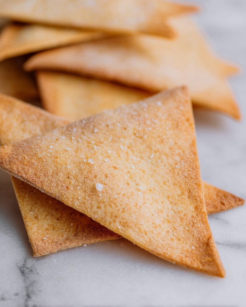 The image shows several large, triangular crackers with a light golden brown color and a slightly rough texture. Each cracker has a thin layer with tiny speckles and a bit of coarse salt visible on the surface. The crackers are stacked unevenly on a white marbled surface, focusing on the front cracker with softly blurred crackers in the background. photo taken with an iphone --ar 4:5 --v 7