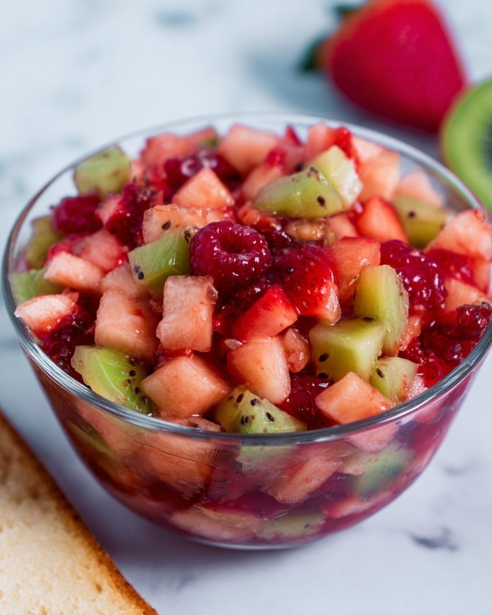 A clear glass bowl filled with a mix of small, diced fruits including light pink pieces that look like melon, bright red strawberries, deep red raspberries, and small bits of green kiwi with black seeds, all mixed together with some juice creating a shiny texture. The bowl sits on a white marbled surface with a blurry sliced strawberry and half a kiwi in the background, along with a piece of light brown flatbread at the front bottom left of the image. The colors are vibrant, showing fresh and juicy fruits combined in a single layer inside the bowl. Photo taken with an iphone --ar 4:5 --v 7