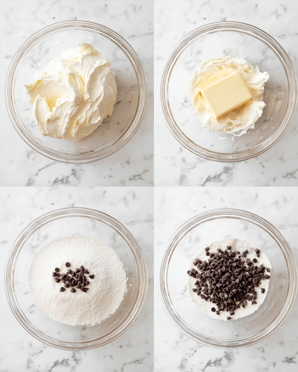 The images show a step-by-step process of making a creamy mix in a clear glass bowl on a white marbled surface. The first image shows a dollop of thick white cream with a slightly chunky texture. The second image adds a small square of softened butter on top of the cream. The third image shows the bowl filled with a white powdery substance, likely sugar, covering the cream and butter underneath. The last image shows small dark chocolate chips sprinkled evenly on top of the creamy white mixture. All the ingredients are layered in a clear glass bowl, and everything sits on a clean white marbled surface. photo taken with an iphone --ar 4:5 --v 7
