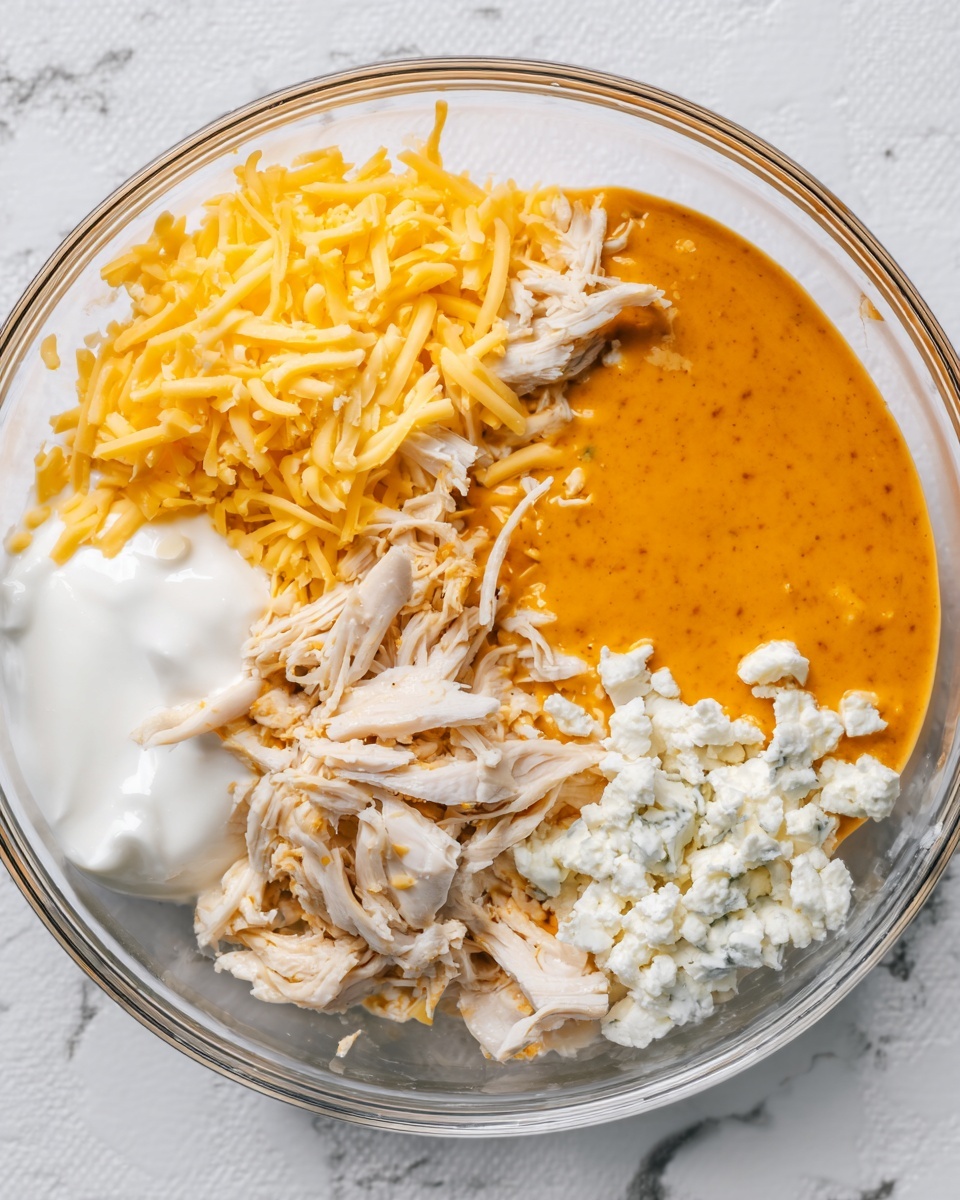A clear round glass bowl filled with five separate sections of food: bright yellow shredded cheese on the left, white sour cream on the top left, smooth orange sauce with small pieces of shredded cooked chicken on the top right, shredded white cooked chicken on the right, and small white crumbled cheese on the bottom. The bowl is placed on a white marbled surface, viewed from above. Photo taken with an iphone --ar 4:5 --v 7