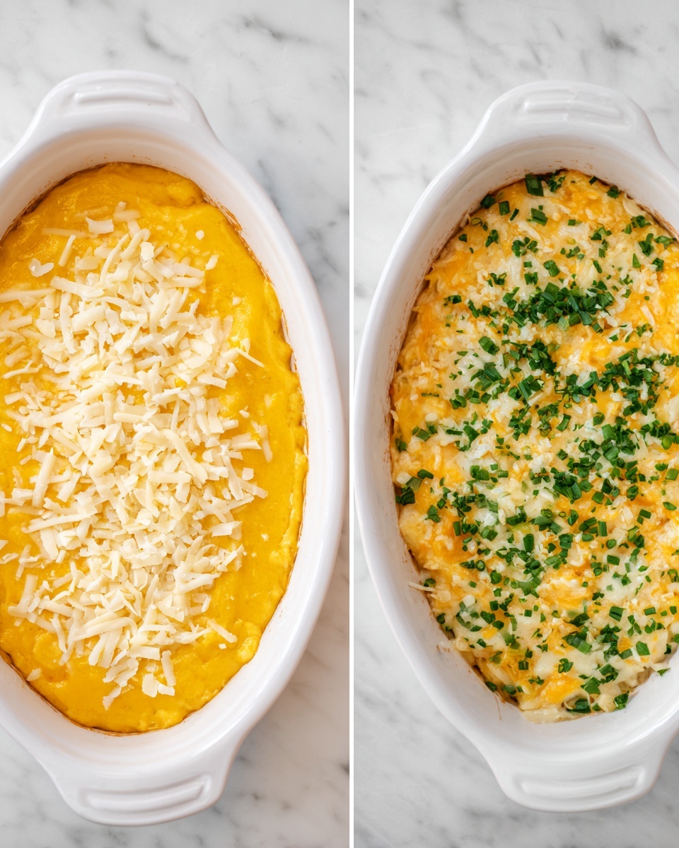 The image shows two white oval dishes on a white marbled surface. The dish on the left contains a smooth yellow cheese sauce topped with uneven white shredded cheese pieces scattered across the surface. The dish on the right shows the same dish but finished, with additional chopped green herbs sprinkled evenly over the melted yellow cheese and white shredded cheese topping, creating a mix of yellow, white, and green colors. Both dishes have a slightly glossy texture and look warm. Photo taken with an iphone --ar 4:5 --v 7