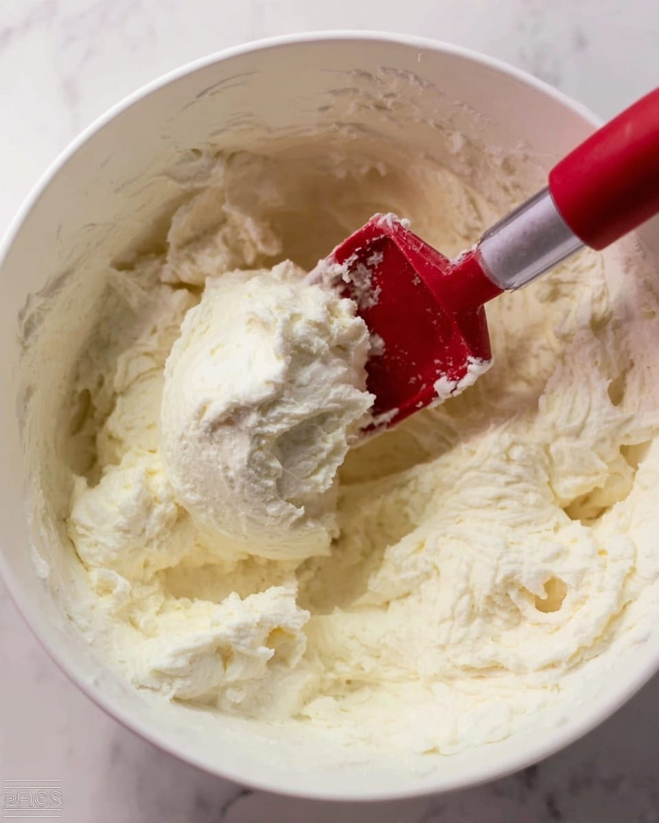 The image shows a close-up of a white bowl filled with a thick, creamy mixture that is soft and fluffy in texture. A red spatula with a clear handle is partially dipped into the mixture, lifting some of it on one side, creating a visible scoop. The creamy mixture looks smooth but slightly uneven with some small lumps, suggesting a rich and soft consistency. The bowl sits on a white marbled surface. photo taken with an iphone --ar 4:5 --v 7