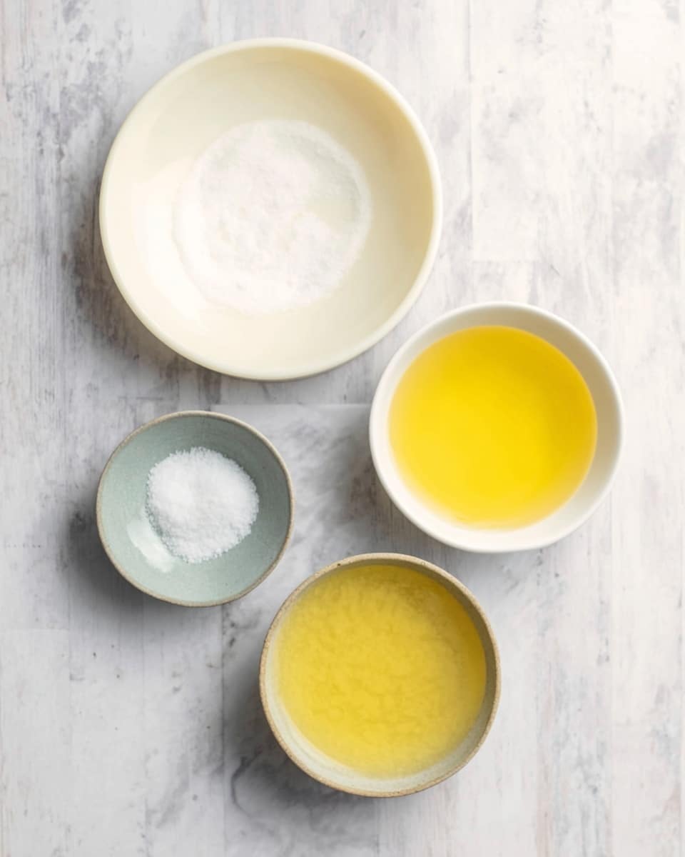 The image shows four small white dishes arranged on a white marbled surface: one large round dish at the top left is empty, below it to the center left is a tiny round dish with salt, to the center right is a medium round bowl filled with a clear yellow liquid, and at the top right is another small round bowl filled with a thicker bright yellow substance. The textures vary from smooth and glossy to slightly grainy in the empty dish. Photo taken with an iphone --ar 4:5 --v 7