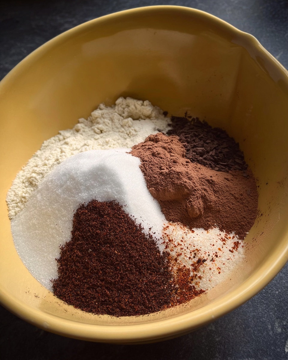 A yellow bowl with five layers of dry ingredients inside: a large pile of white sugar on the bottom left, a big pile of brown cocoa powder on the right, a small heap of dark brown powder at the top left, a medium pile of white flour near the center, and a tiny sprinkle of reddish-brown spice near the middle left. The bowl is sitting on a dark surface. photo taken with an iphone --ar 4:5 --v 7