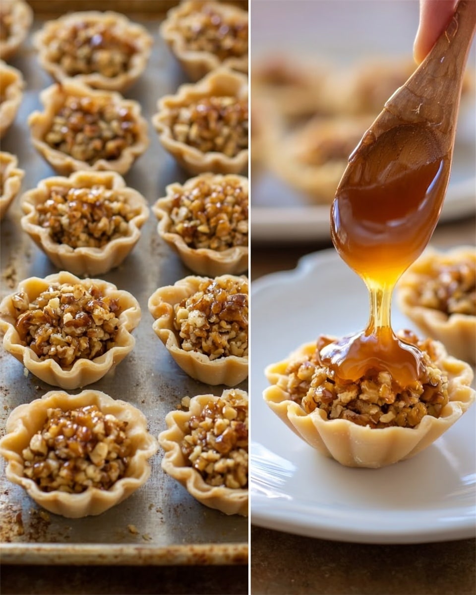The image on the left shows a baking tray filled with many small round tart shells that have a crinkled, golden-brown edge and are filled with a chunky, light brown nut mixture that looks crunchy and textured. The shells are evenly spaced on a metal tray. The image on the right is a close-up of a white plate holding one tart shell filled with the nut mixture, where a wooden spoon is pouring a thick, shiny, amber-colored syrup over the top, making the filling look wet and sticky. The background is softly blurred, highlighting the tart's crispy layers and syrup. photo taken with an iphone --ar 4:5 --v 7