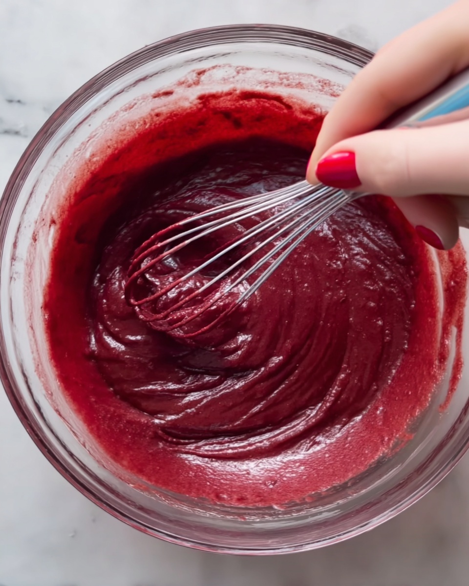 A clear glass bowl filled with thick, smooth, dark red batter is held by a woman's hand with red nail polish at the base of the bowl. Inside the bowl, a silver whisk stirs the batter, creating swirls and slight ripples on the glossy surface. The bowl sits on a white marbled textured surface, with the motion of mixing clearly visible in the batter's texture and color. photo taken with an iphone --ar 4:5 --v 7