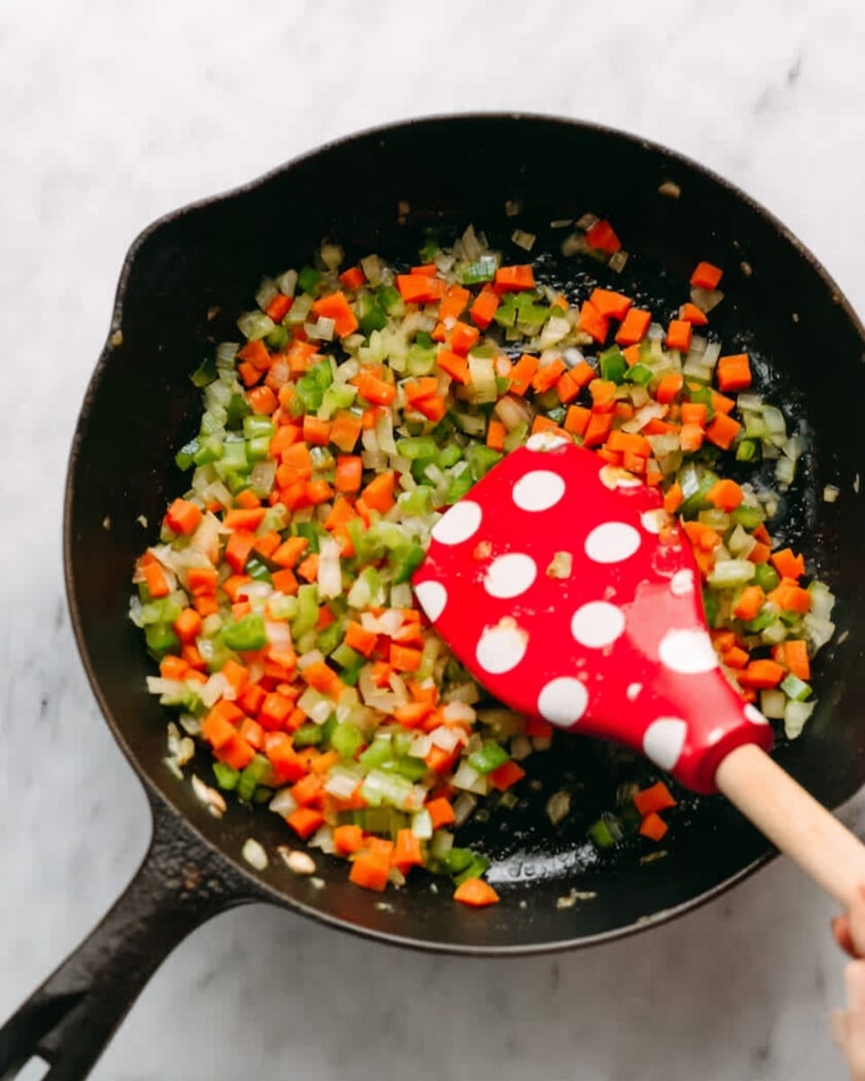 The image shows a black skillet with small, colorful diced vegetables cooking inside. The vegetables include bright orange carrots, green celery, and white onion pieces. A red spatula with large white polka dots is stirring the vegetables, held by a woman's hand coming from the top right corner. The skillet sits on a white marbled surface that provides a clean background. The vegetables have a fresh look with a slight shine from cooking, and the skillet’s black color contrasts well with the bright colors of the vegetables and spatula photo taken with an iphone --ar 4:5 --v 7