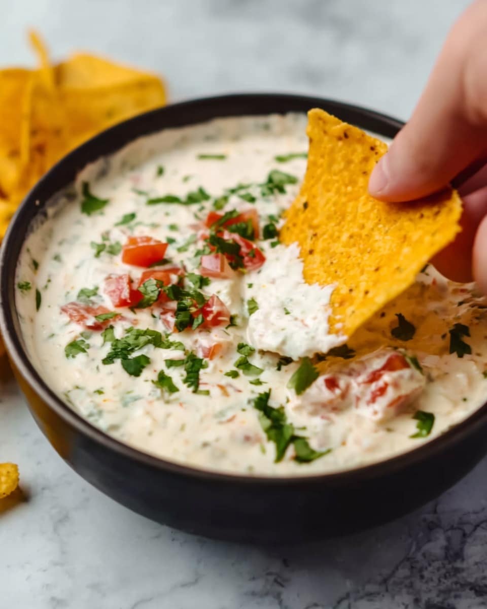 A close-up view of a white bowl filled with creamy white dip that has a smooth texture. Small pieces of red tomato and green cilantro are spread evenly on top of the dip, adding color contrast. A woman's hand is holding a yellow, textured tortilla chip dipping into the creamy mixture. The background features a white marbled surface, and the bowl rests on it, highlighting the fresh ingredients and inviting feel of the dish. photo taken with an iphone --ar 4:5 --v 7
