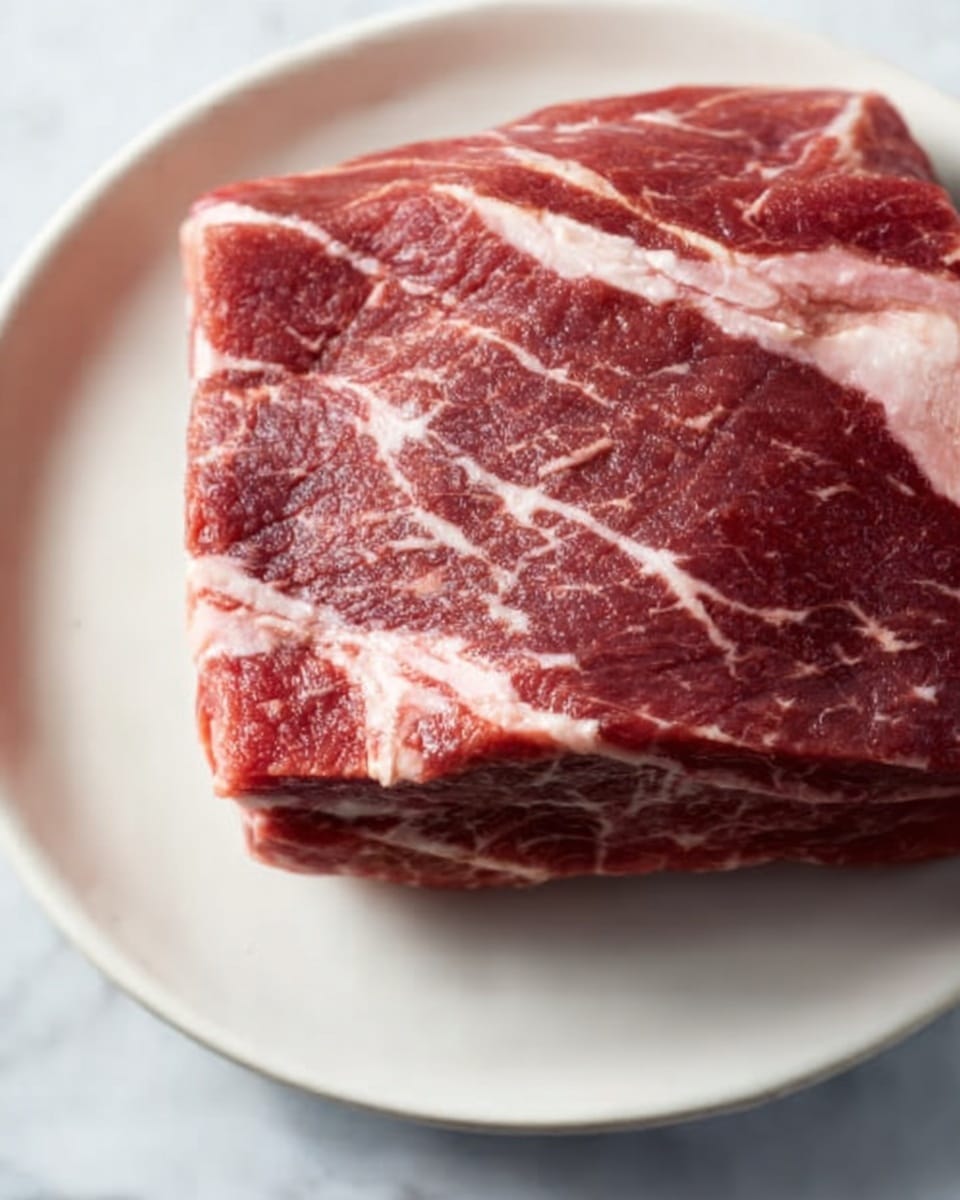 A close-up image of a raw piece of meat placed on a white plate, showing detailed marbling with white fat veins running throughout the deep red and pink meat. The meat has a thick, square shape and a fresh, moist texture. The background is a white marbled surface. photo taken with an iphone --ar 4:5 --v 7