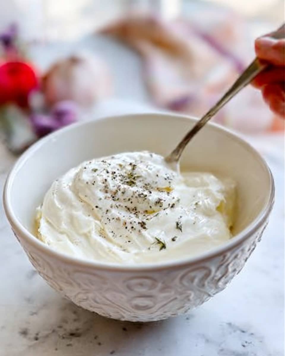 A white bowl with a patterned edge is filled with a creamy white yogurt or sauce that has a smooth and thick texture. The surface is sprinkled lightly with black pepper and a few small green herb flakes. A spoon resting inside the bowl is held by a woman's hand, dipping into the creamy mixture. The bowl sits on a white marbled surface with soft, blurred colors in the background, suggesting a cozy kitchen setting. Photo taken with an iphone --ar 4:5 --v 7
