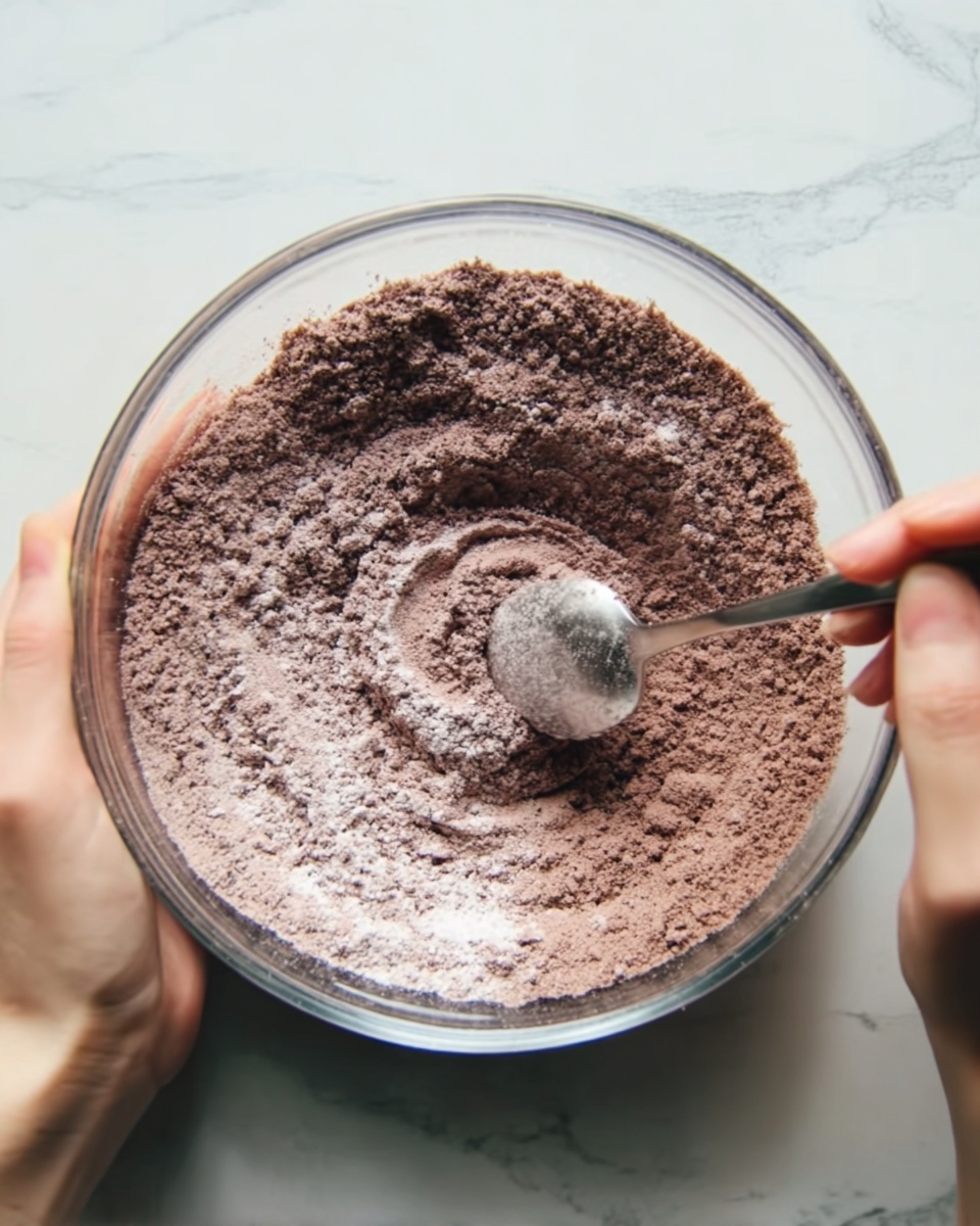 A clear glass bowl filled with dry chocolate cake mix powder shows a rough, grainy texture in light and dark brown shades. A woman's hand holds the bowl on the left side while another woman's hand stirs the mixture with a silver spoon, creating a soft swirl pattern on the surface. The bowl rests on a white marbled surface. photo taken with an iphone --ar 4:5 --v 7
