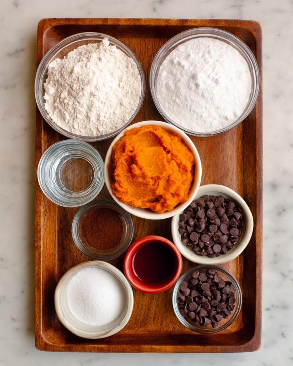 A top view of a wooden tray holding seven small white bowls and glass containers arranged neatly. The largest bowl at the top left is filled with white flour, next to it on the right is another large bowl full of white sugar. Below and slightly to the left is a small clear glass with water, and next to it on the right is a medium white bowl filled with bright orange pumpkin puree with a smooth texture. Underneath the water glass is a small glass with a dark brown powder, likely cocoa, and next to it on the right is a medium white bowl full of small chocolate chips. Lastly, at the bottom left is the smallest white bowl containing white powder, likely baking soda or baking powder, and on the right side near the pumpkin puree is a small red bowl with a dark reddish liquid. The tray rests on a white marbled surface photo taken with an iphone --ar 4:5 --v 7