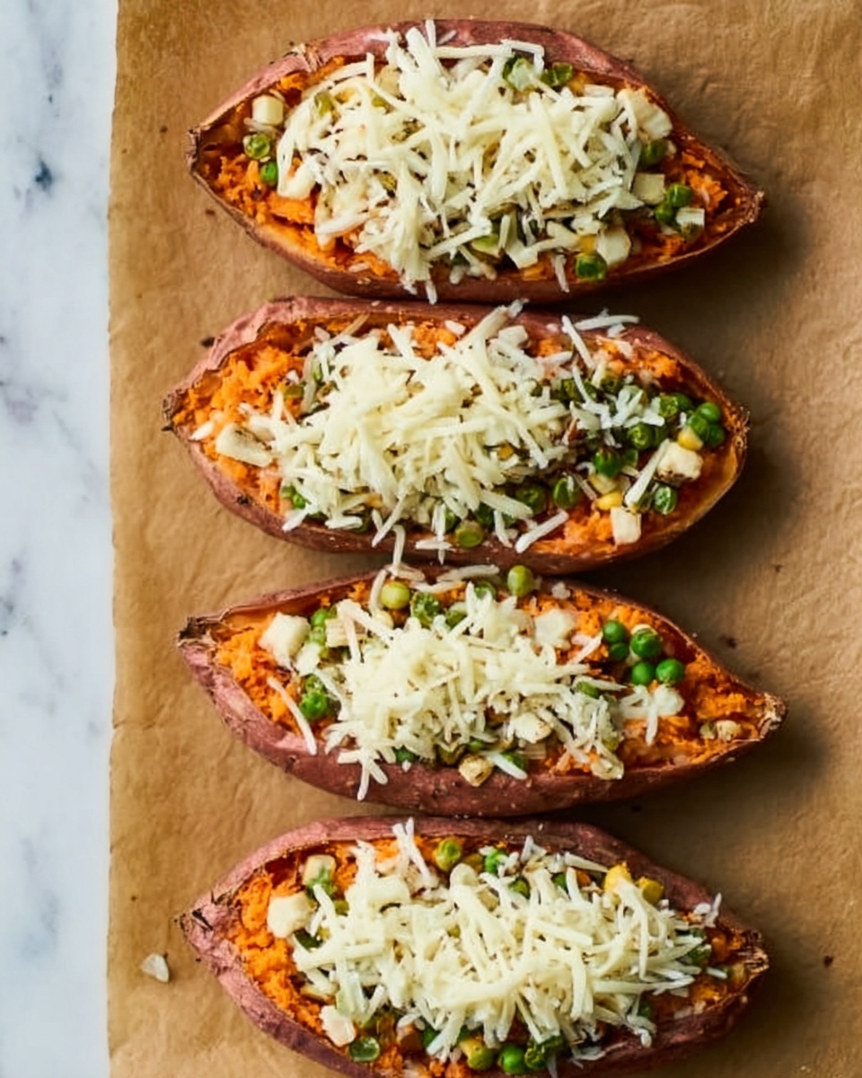 Four sweet potato halves are placed vertically on a brown parchment paper on a white marbled surface. Each sweet potato half is filled with layers: the bottom layer is orange sweet potato flesh, topped with a mix of green peas and small corn kernels, and finished with a generous layer of shredded white cheese evenly covering each sweet potato. The texture of the sweet potato is soft and slightly rough, while the cheese looks smooth and fresh. Photo taken with an iphone --ar 4:5 --v 7