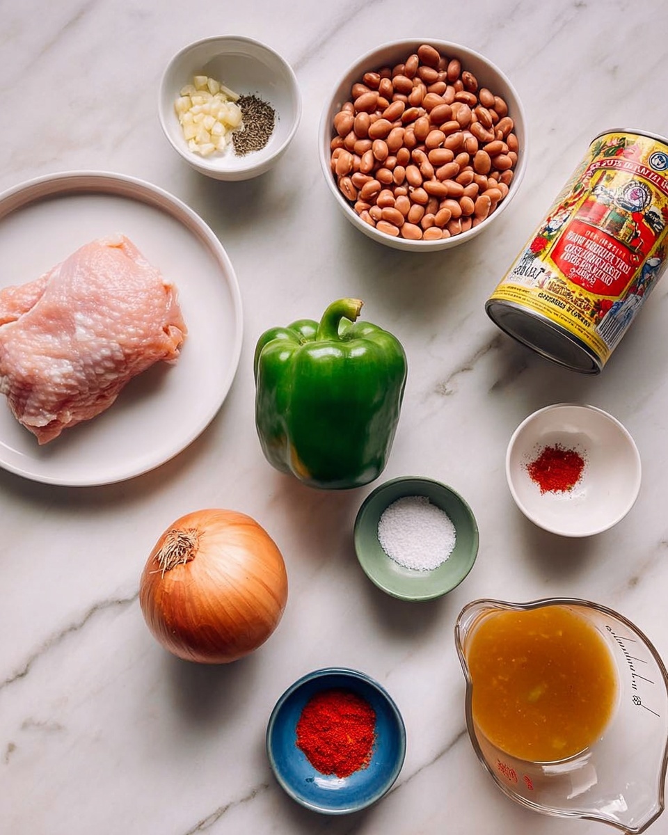 The image shows various raw ingredients arranged on a white marbled surface. In the center-left is a white plate with a piece of pink chicken. Above it are two small white bowls, one with minced garlic and another with ground black pepper. To the right of the bowls is a white bowl filled with brown beans. In the center is a whole green bell pepper. Next to it, slightly to the lower right, is a brown onion. To the right of the onion is a can of crushed tomatoes with a colorful label. Below the onion is a small blue bowl containing white salt. Below that is a small green bowl with red chili powder. To the far right is a clear measuring cup filled with light brown liquid. All items are evenly spaced, with the white marbled surface visible throughout. photo taken with an iphone --ar 4:5 --v 7