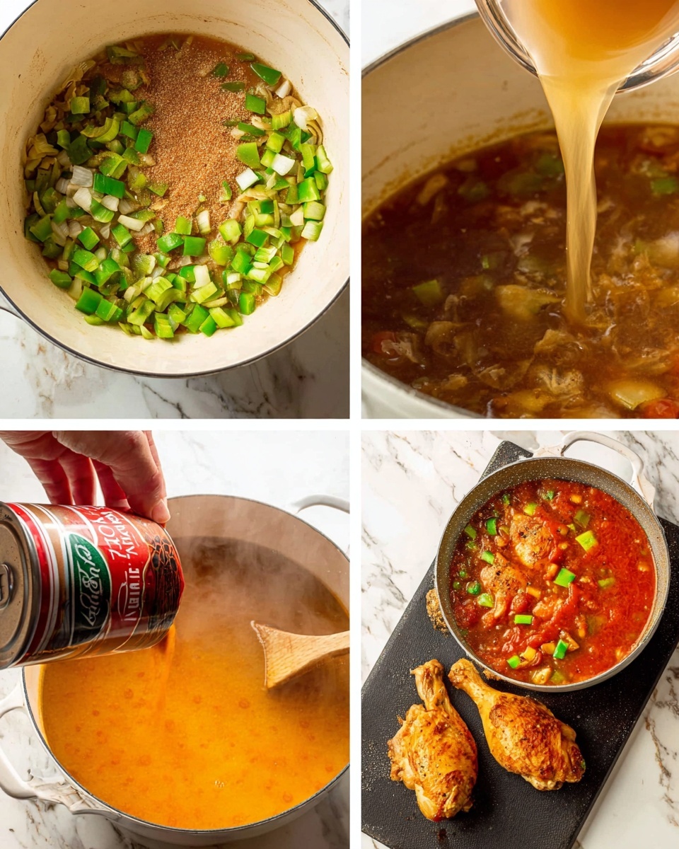 The image shows a cooking process in four parts arranged in a collage: the top left shows a close-up of chopped green peppers and onions sautéing with a light brown seasoning in a white pot; the top right shows broth being poured into the same pot with vegetables visible at the bottom; the bottom left shows a hand pouring tomato sauce from a can into a pot filled with a yellow-orange soup base on a white marbled surface; the bottom right shows two cooked chicken pieces placed on a black cutting board alongside a steaming pot of red-orange soup with green pepper chunks visible, all set on a white marbled surface photo taken with an iphone --ar 4:5 --v 7