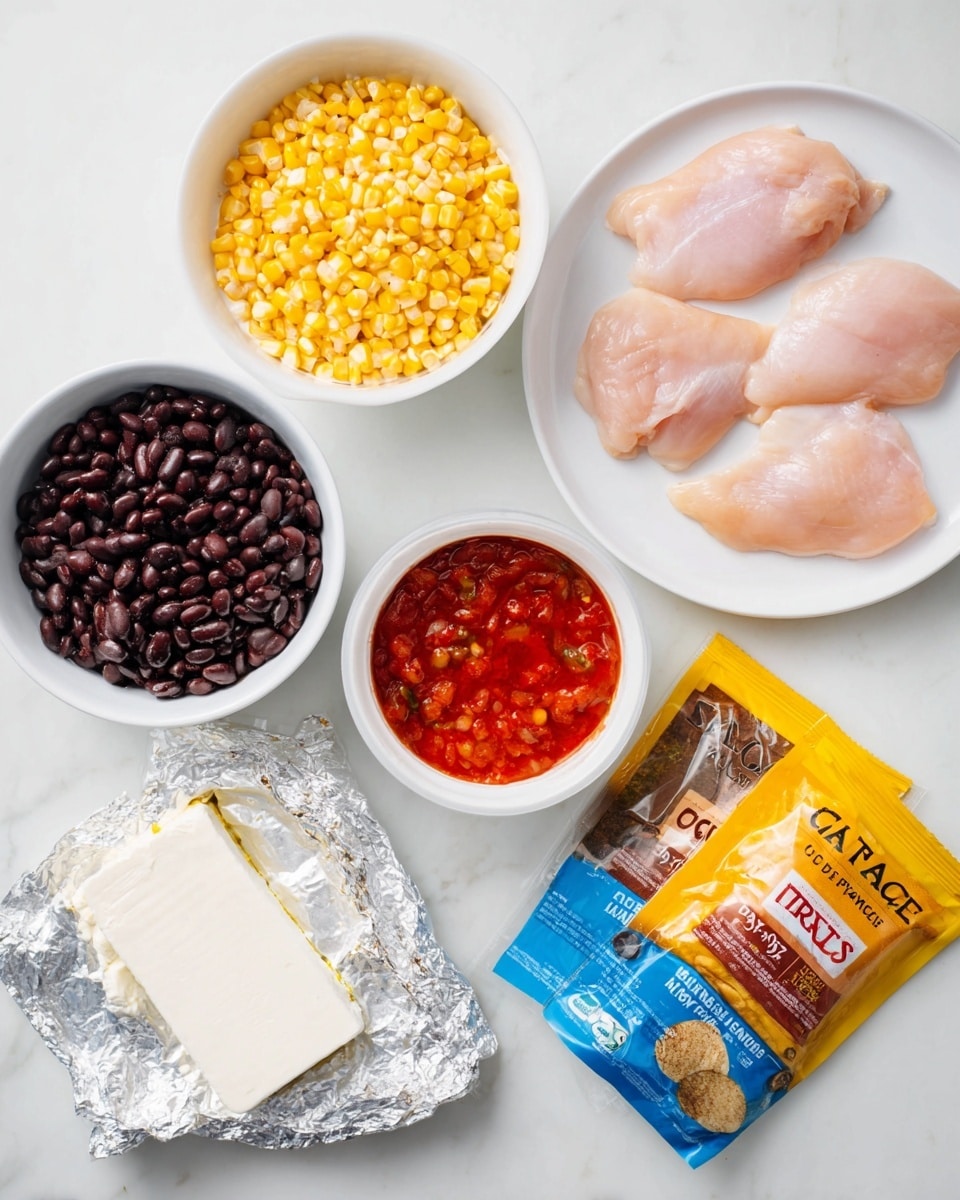 The image shows five ingredients on a white marbled surface. In the center right, there is a white plate with three pieces of uncooked chicken with a pale pink and smooth texture. Above the plate, there is a white bowl filled with yellow corn kernels that have a soft and shiny look. To the left of the bowl, another white bowl is filled with dark black beans in some liquid, giving a glossy appearance. Below the beans, a block of cream cheese with a smooth, white surface is partly unwrapped from silver foil. To the right of the cream cheese, another white bowl contains bright red salsa, showing chopped tomato pieces in liquid. Near the bottom center, a blue packet of ranch dip mix and a yellow packet of taco seasoning mix lie side by side, adding color contrast. Photo taken with an iphone --ar 4:5 --v 7