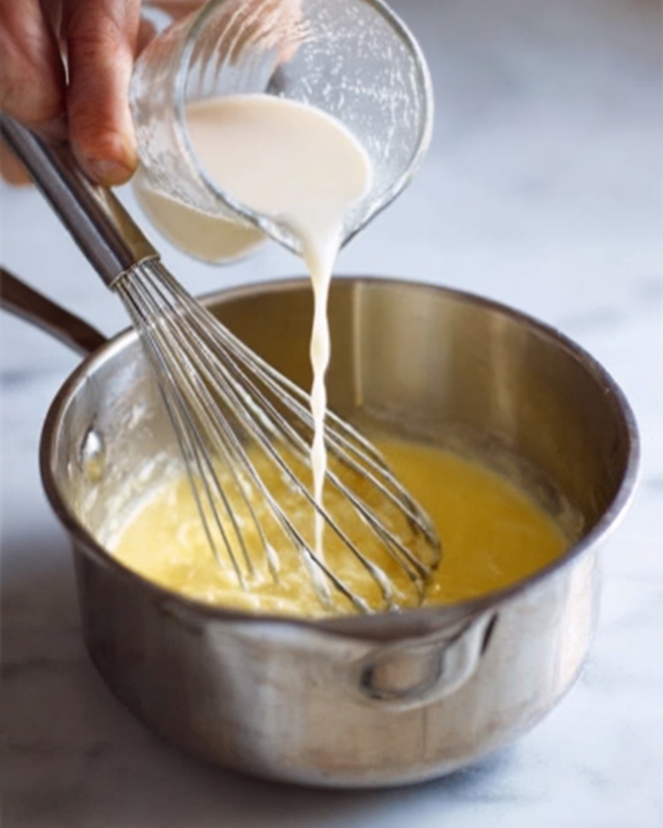 A close-up image shows a silver pot with a whisk inside stirring a smooth yellow mixture. A woman's hand holds a clear glass jug pouring white liquid into the pot. The pot sits on a white marbled surface, with a clean and simple background. The light reflects softly on the metal pot, highlighting the texture of the mixture. photo taken with an iphone --ar 4:5 --v 7