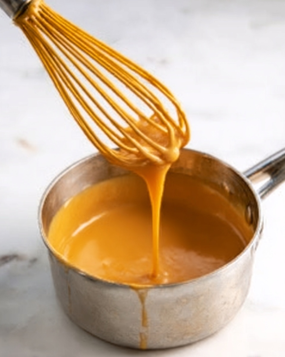 The image shows a small silver pot filled with smooth, shiny, orange sauce that is thick but flowing slowly. A yellow whisk is lifted above the pot, with the sauce dripping gently from its wires. The pot and whisk are placed on a white marbled surface, showing the creamy texture and rich color of the sauce clearly. Photo taken with an iphone --ar 4:5 --v 7