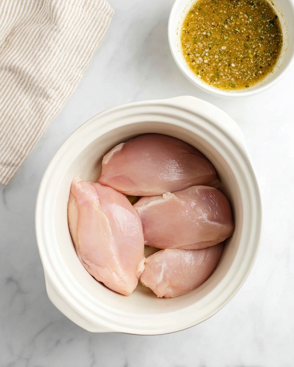 The image shows a white ceramic pot filled with four pieces of raw chicken with a smooth texture and pale pink color, neatly arranged without overlapping. Above the pot, there is a white bowl with a greenish-yellow sauce that looks chunky with visible herbs and spices. The background is a white marble surface, and in the top left corner, a light brown and white striped cloth is partially visible. photo taken with an iphone --ar 4:5 --v 7